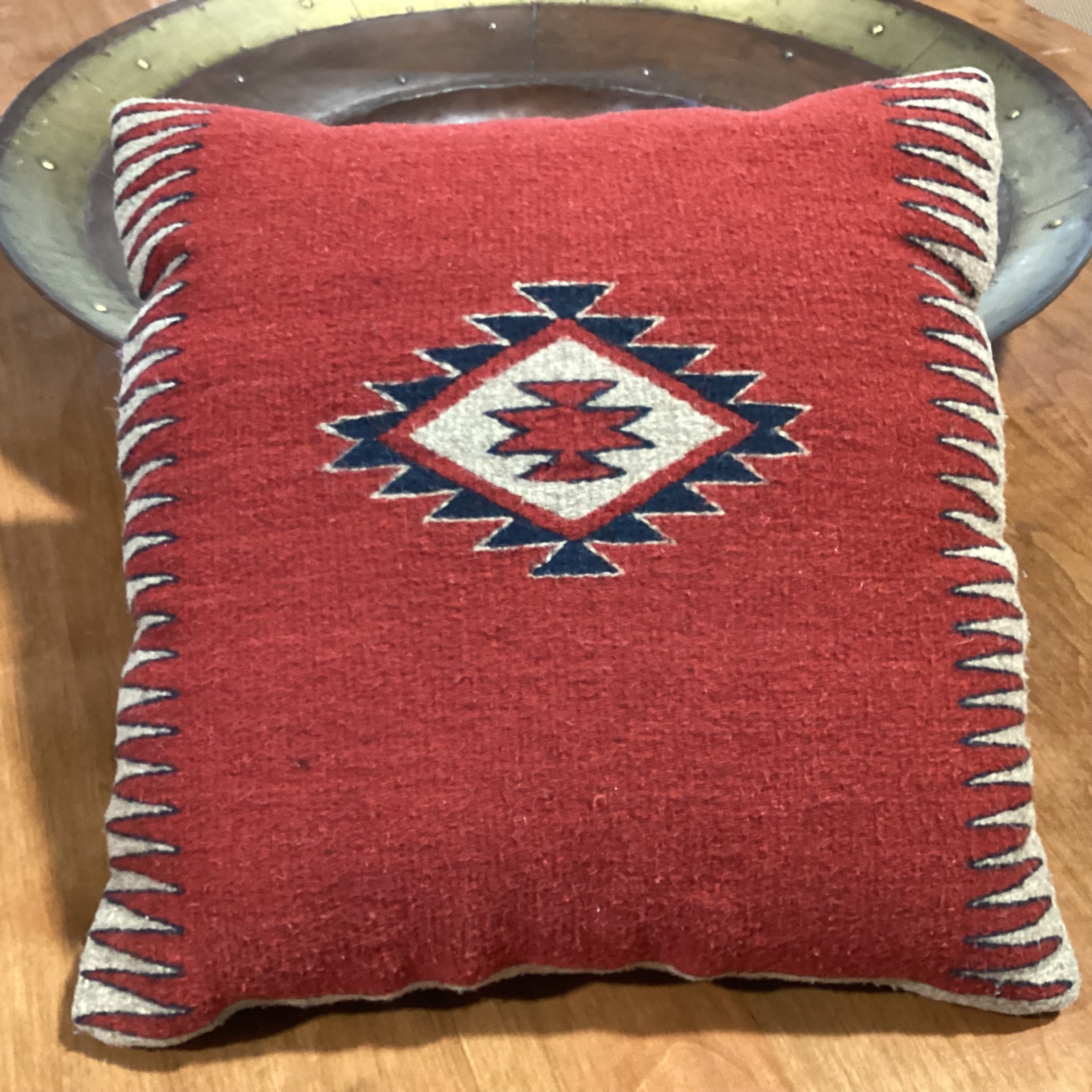 Native American Red Blue Tan Hand Woven Wool Accent Pillow 20"x 20"