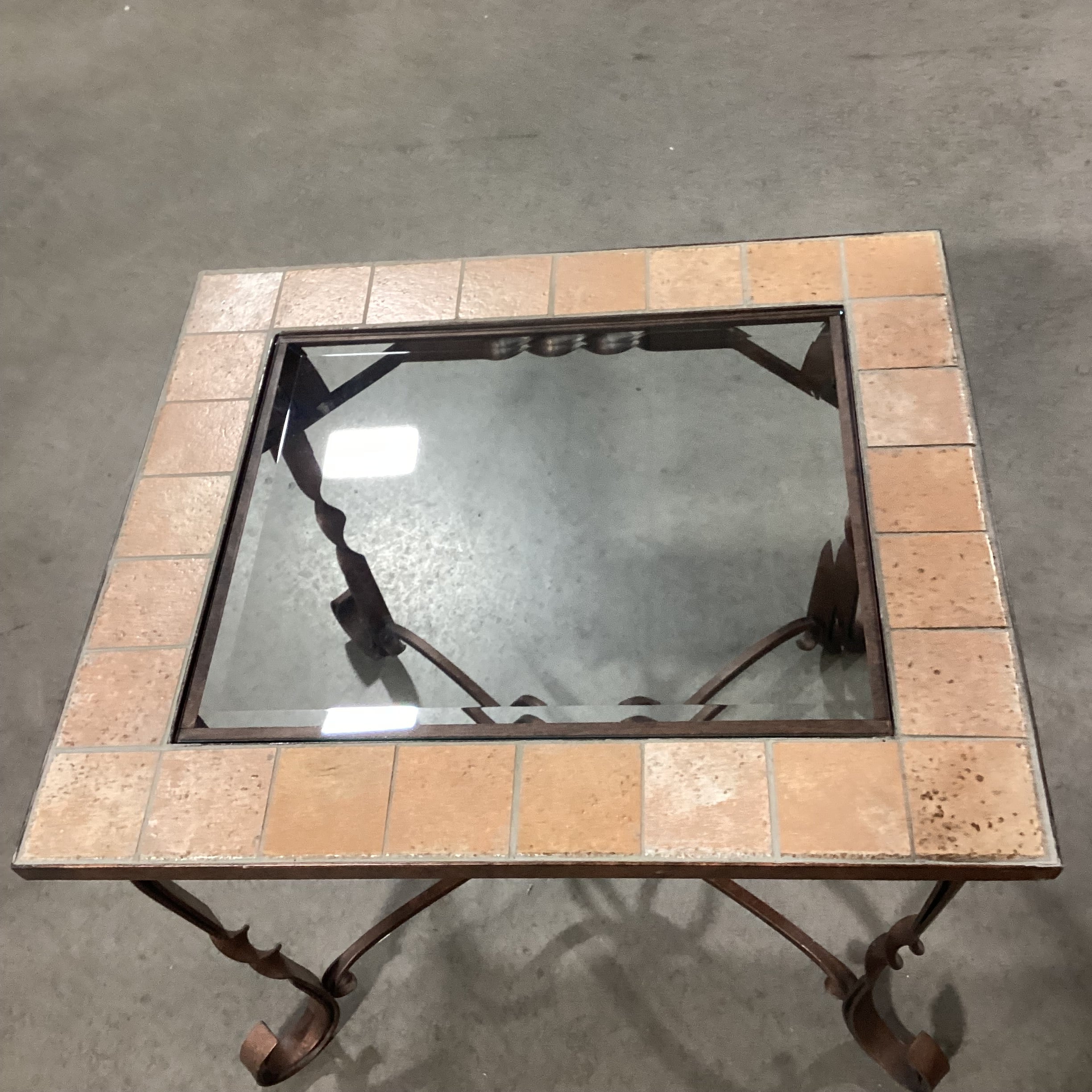 Ornate Iron Terracotta Tile and Glass End Table 28"x 24"x 23"