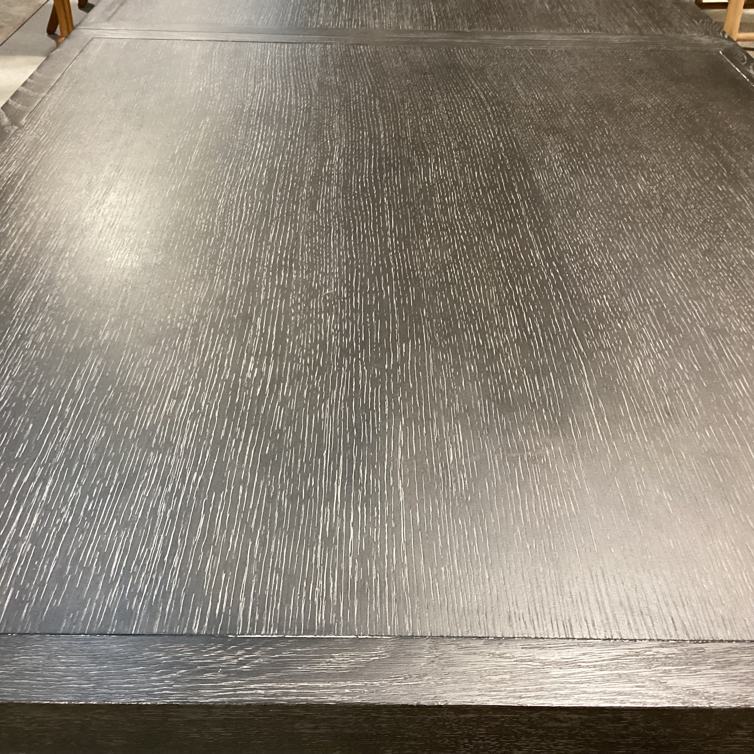 Mitchell Gold & Bob Williams Modern Cerused Charcoal Finish Oak Geometrical Pedestals with Brass Emerson Dining Table 96" to 132"x 42"x 30.5"