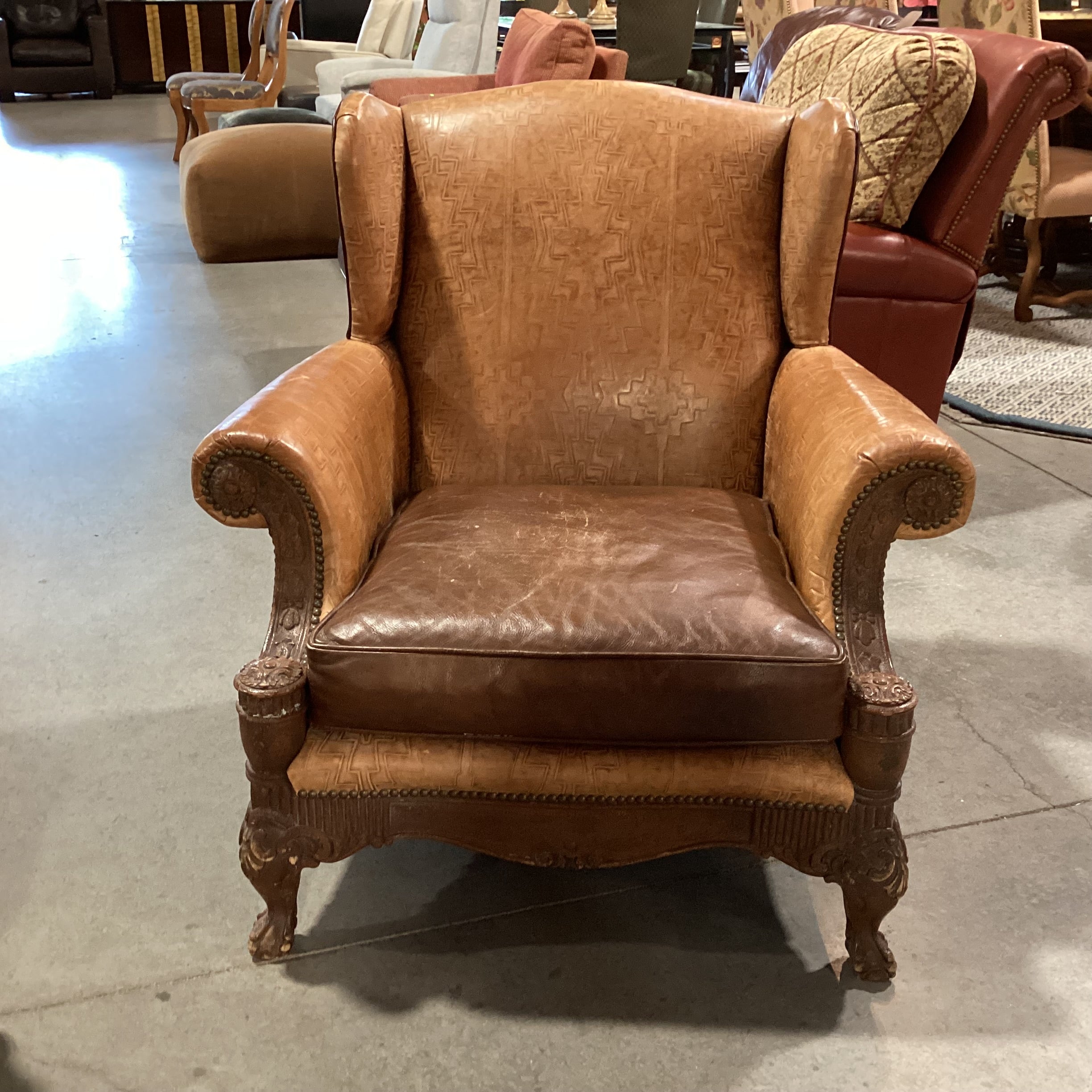Old Hickory Tannery 2 Tone & Embossed Leather Nailhead Ornate Carved Wood with Ottoman Chair 38"x 36"x 37.5"