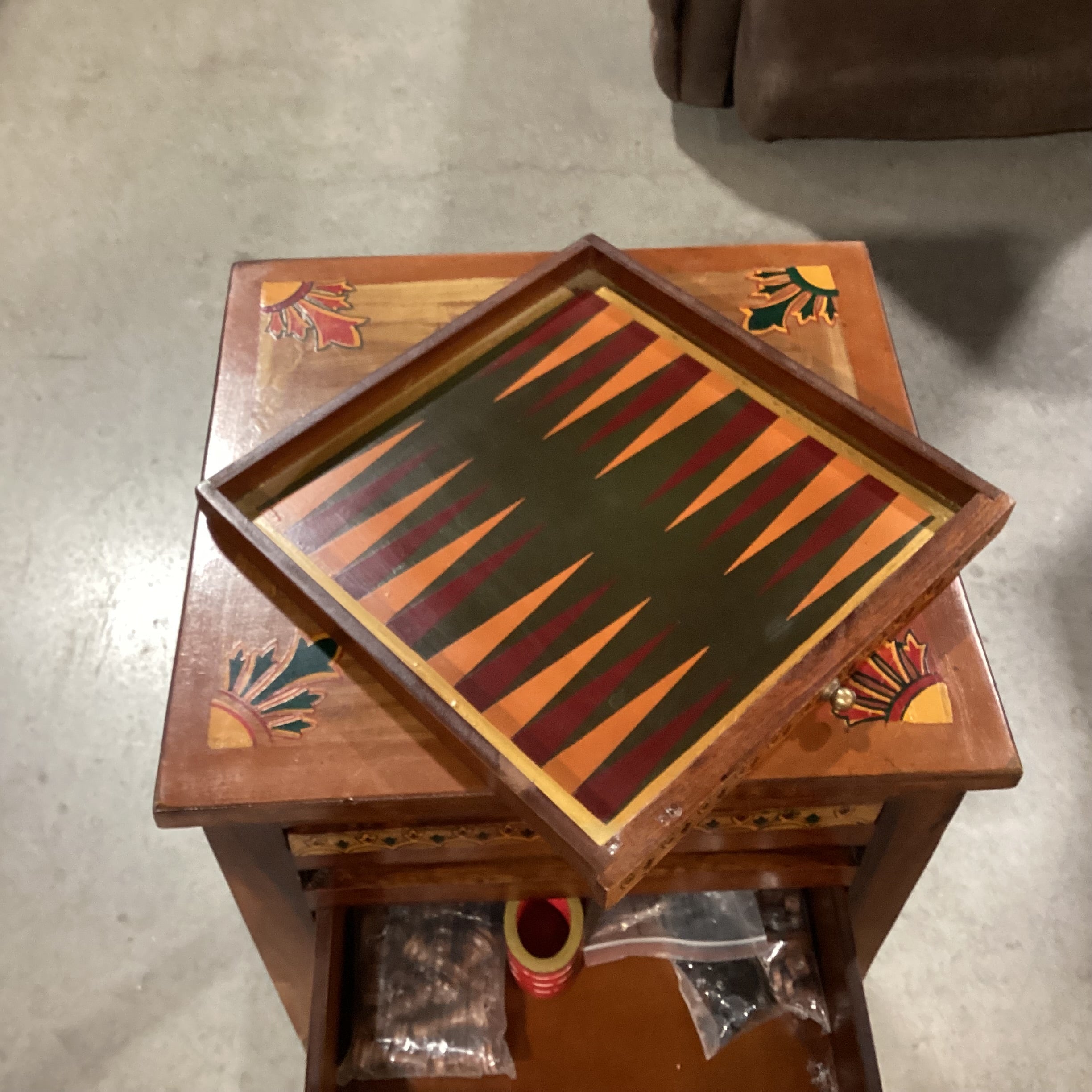 Moroccan Hand Painted Wood Game Board Drawers & Accessories End Table 16"x 15"x 29"  Game