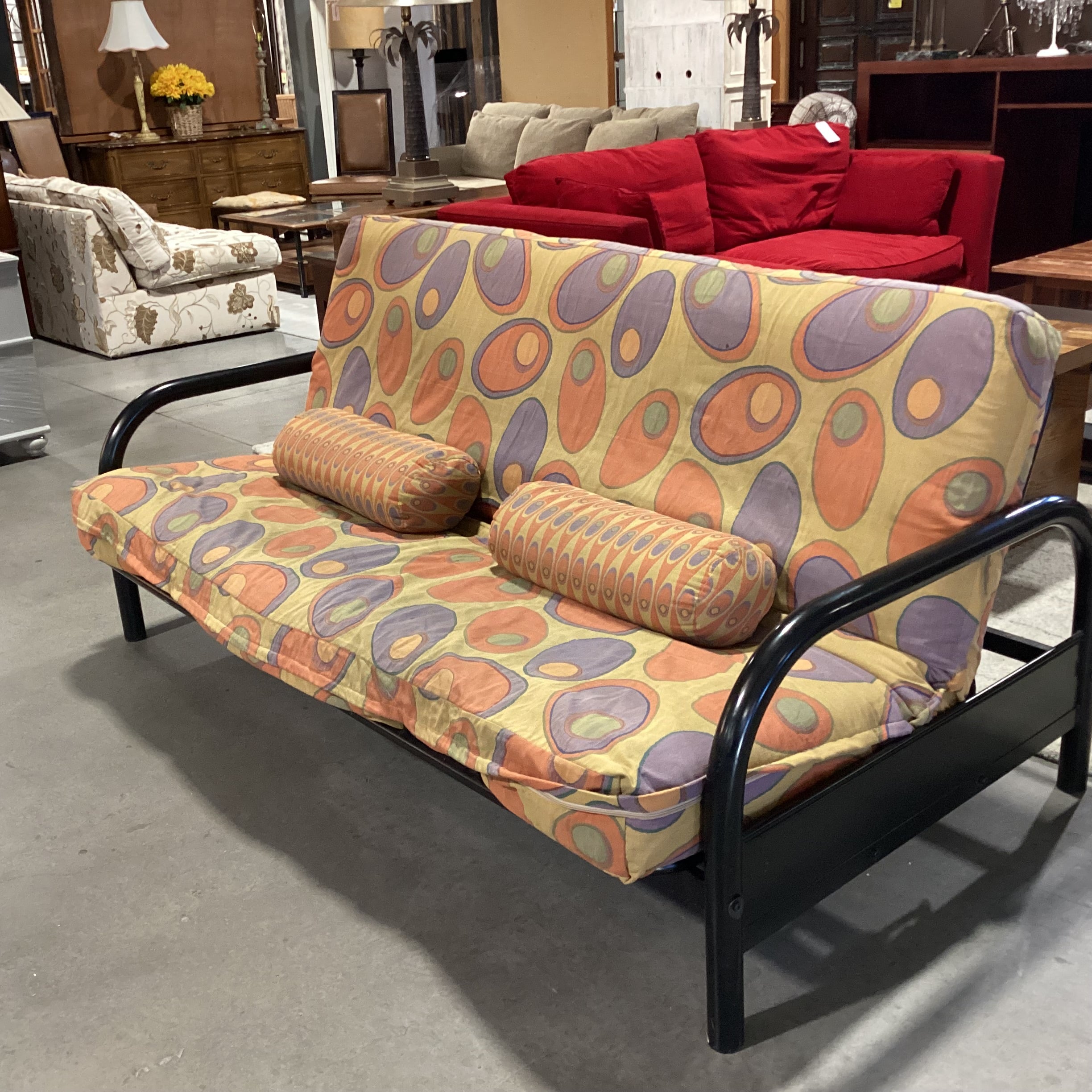Gold Orange & Purple Circle Design Cushion & Black Metal Futon Sofa 79"x 44" to 56"x 38"