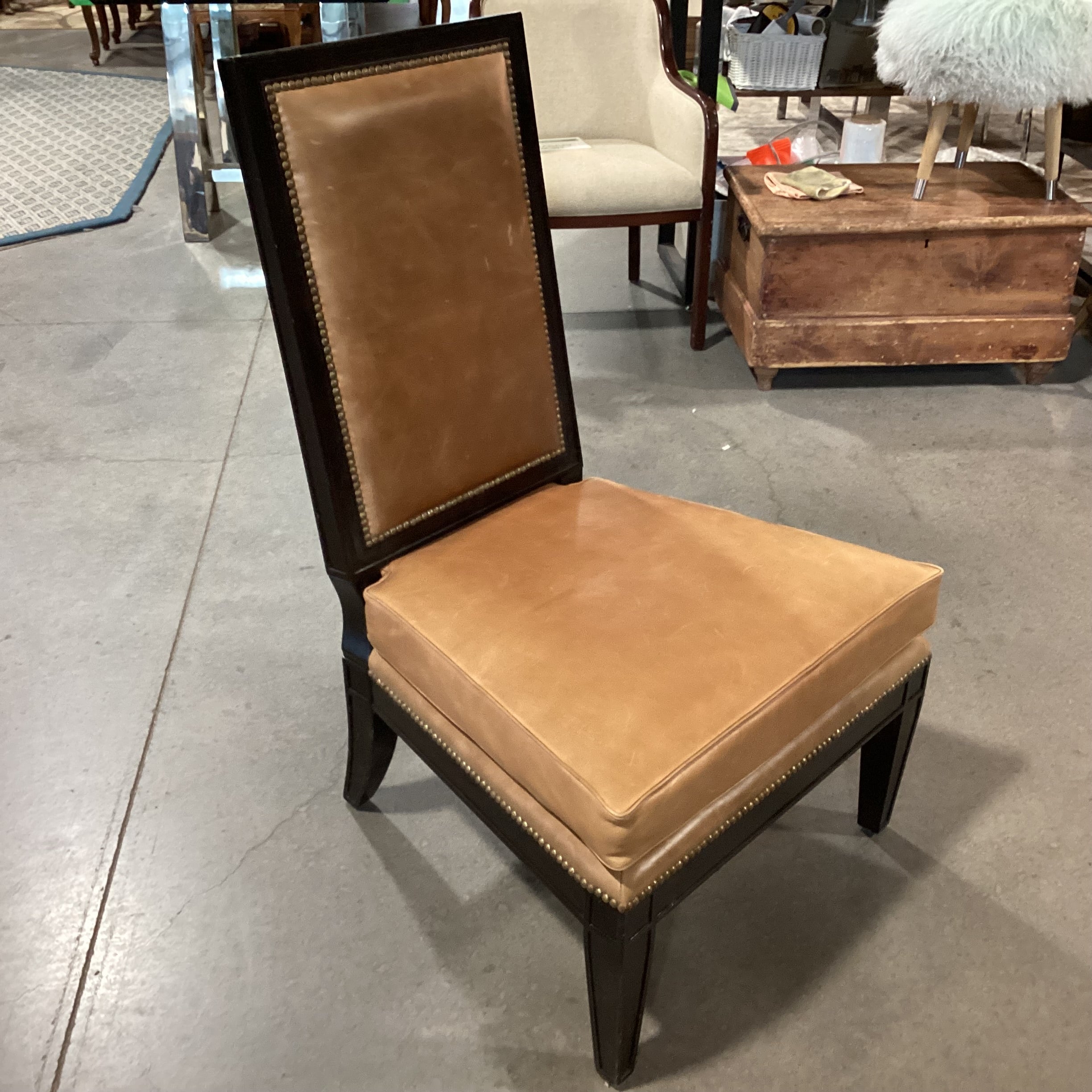 Tan Leather Nailhead & Black Wood Slipper Chair 27"x 27"x 42"