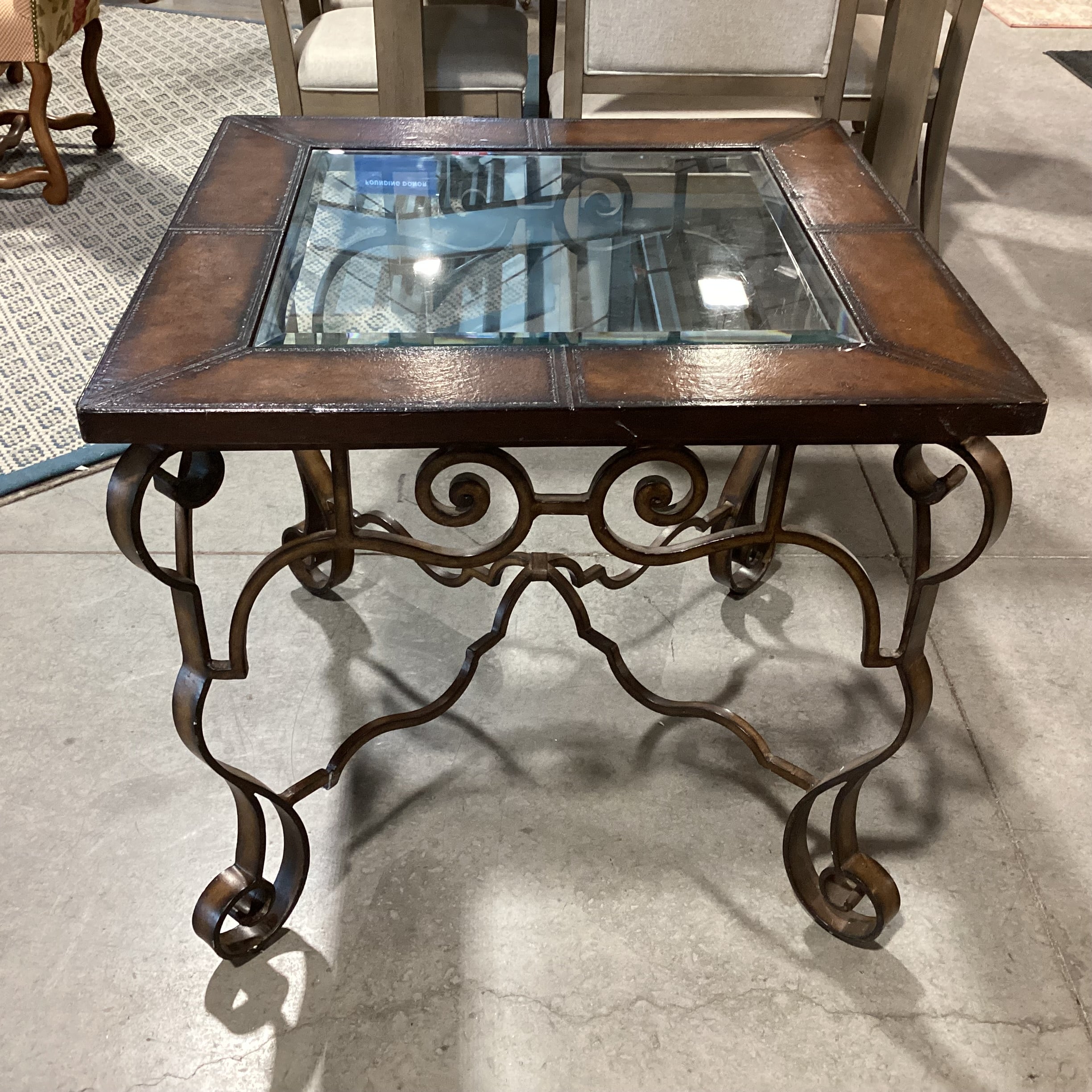 Ornate Iron & Leather Inset Glass Top Accent Table 30"x 30"x 27"
