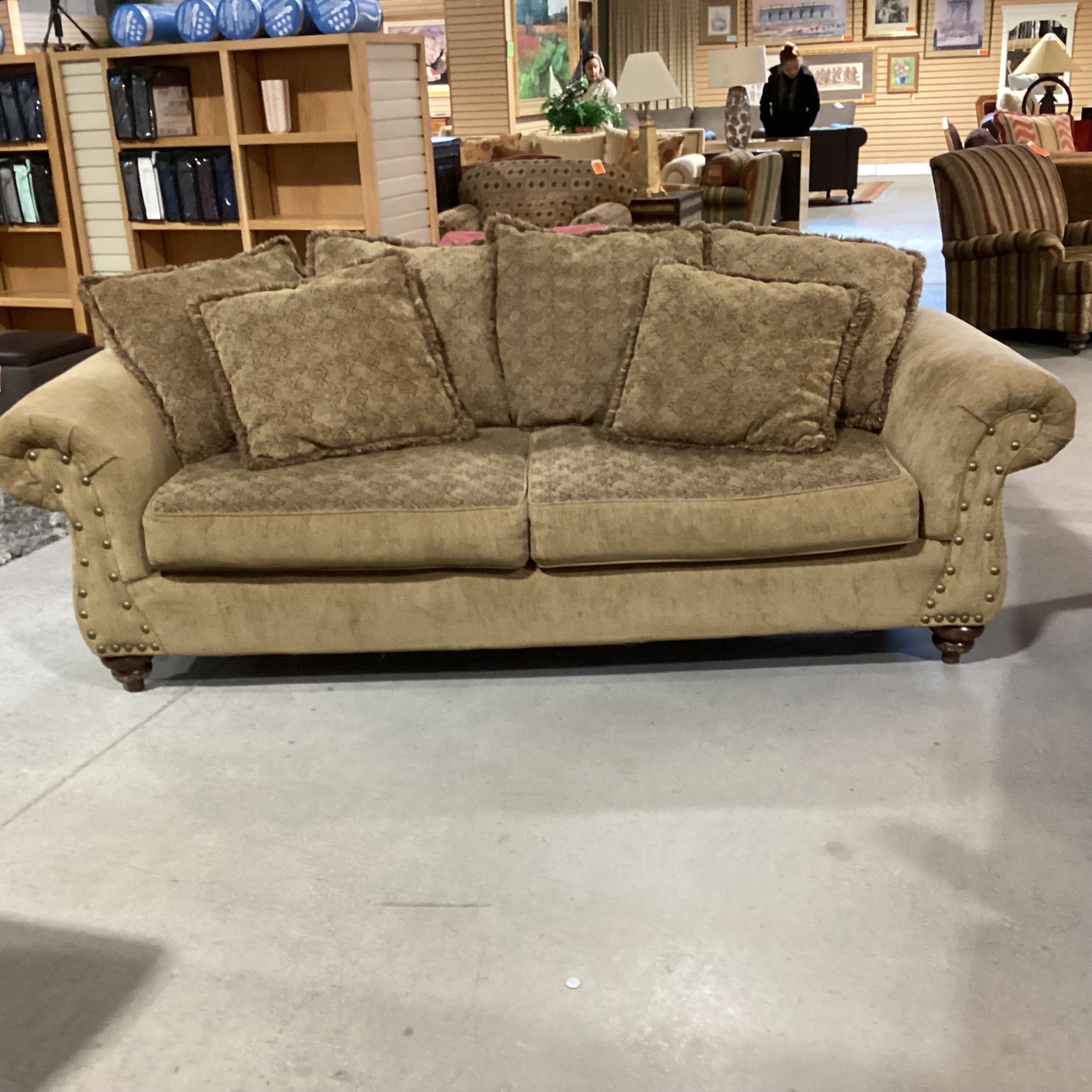 Golden Olive with Reversible Patterned Cushions & Back Pillows Roll Arm Nailhead Sofa 97"x 40"x 30"