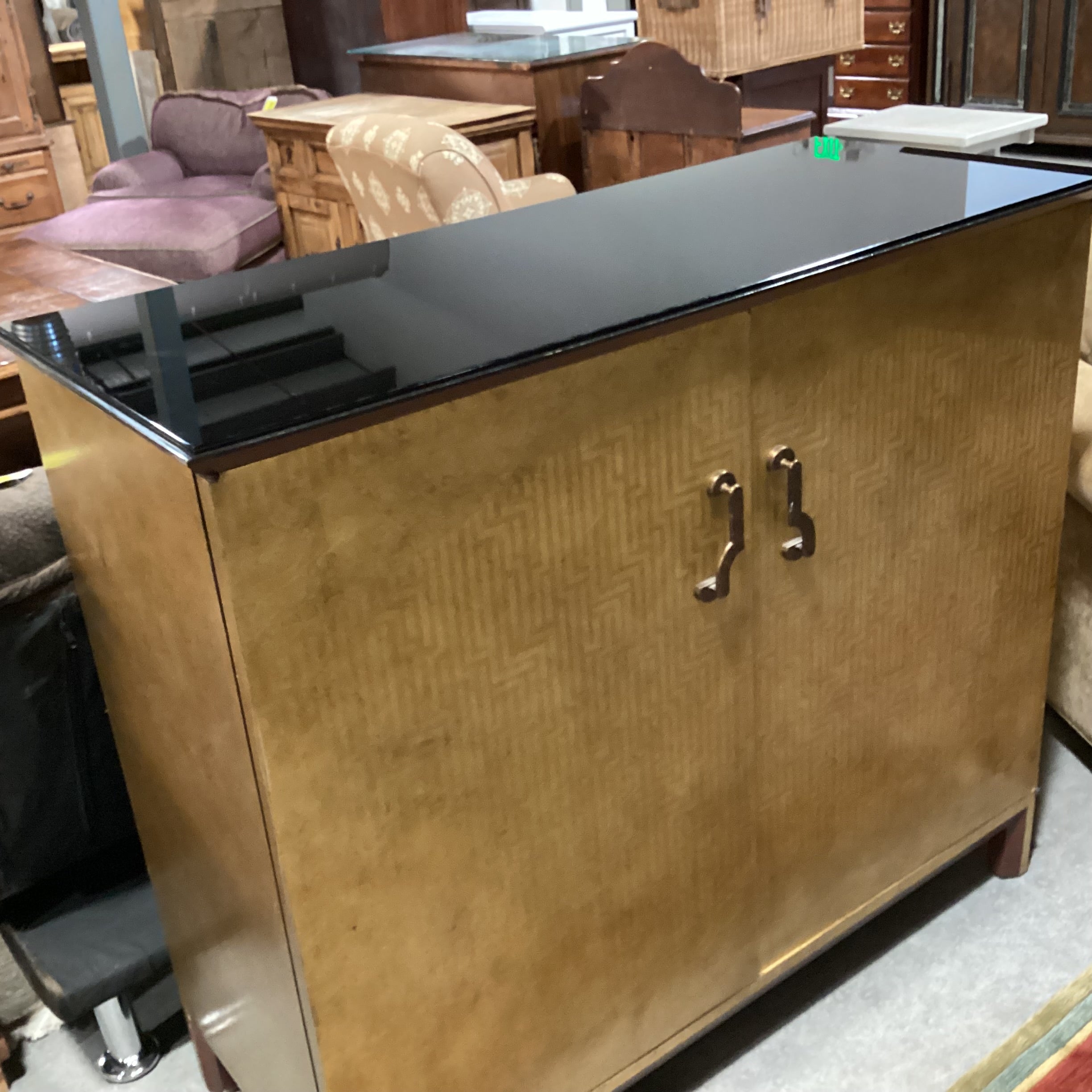 Asian Style Gold Painted Design with Brass Pulls & Black Glass Top 2 Door with Shelves Cabinet Console 49"x 20"x 43"