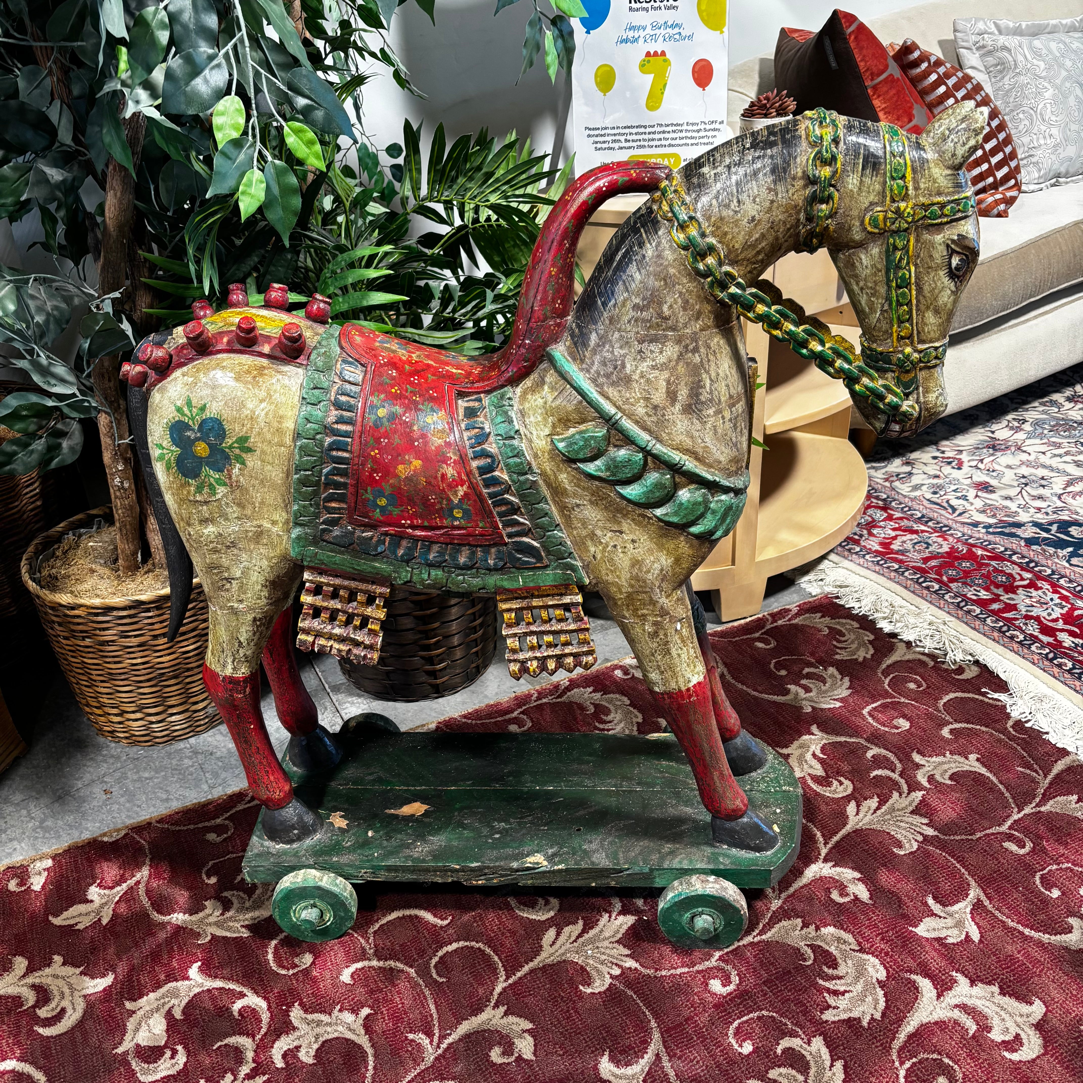 Antique Carved Wood Hand Painted Sub-Continent Temple Horse 36"x 13.5"x 34"