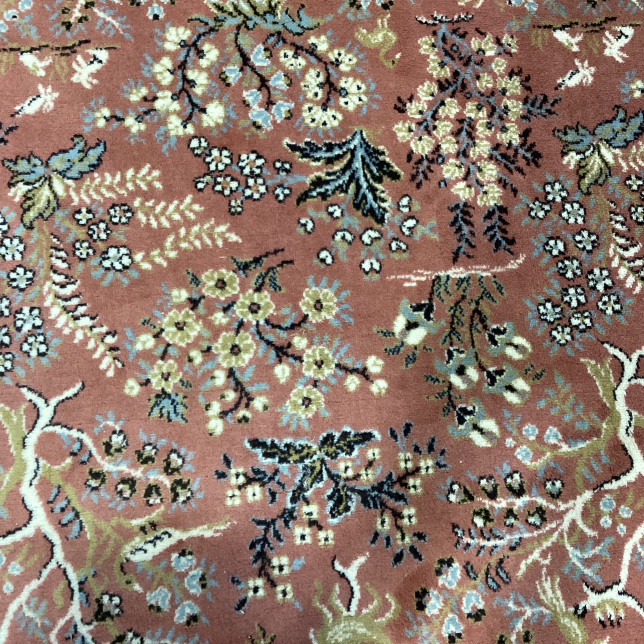 Galaxy Made in Belgium Vintage Salmon Blue Grey & Gold Leaf Floral Pure Virgin Wool Pile Rug 7'11"x 11'4"