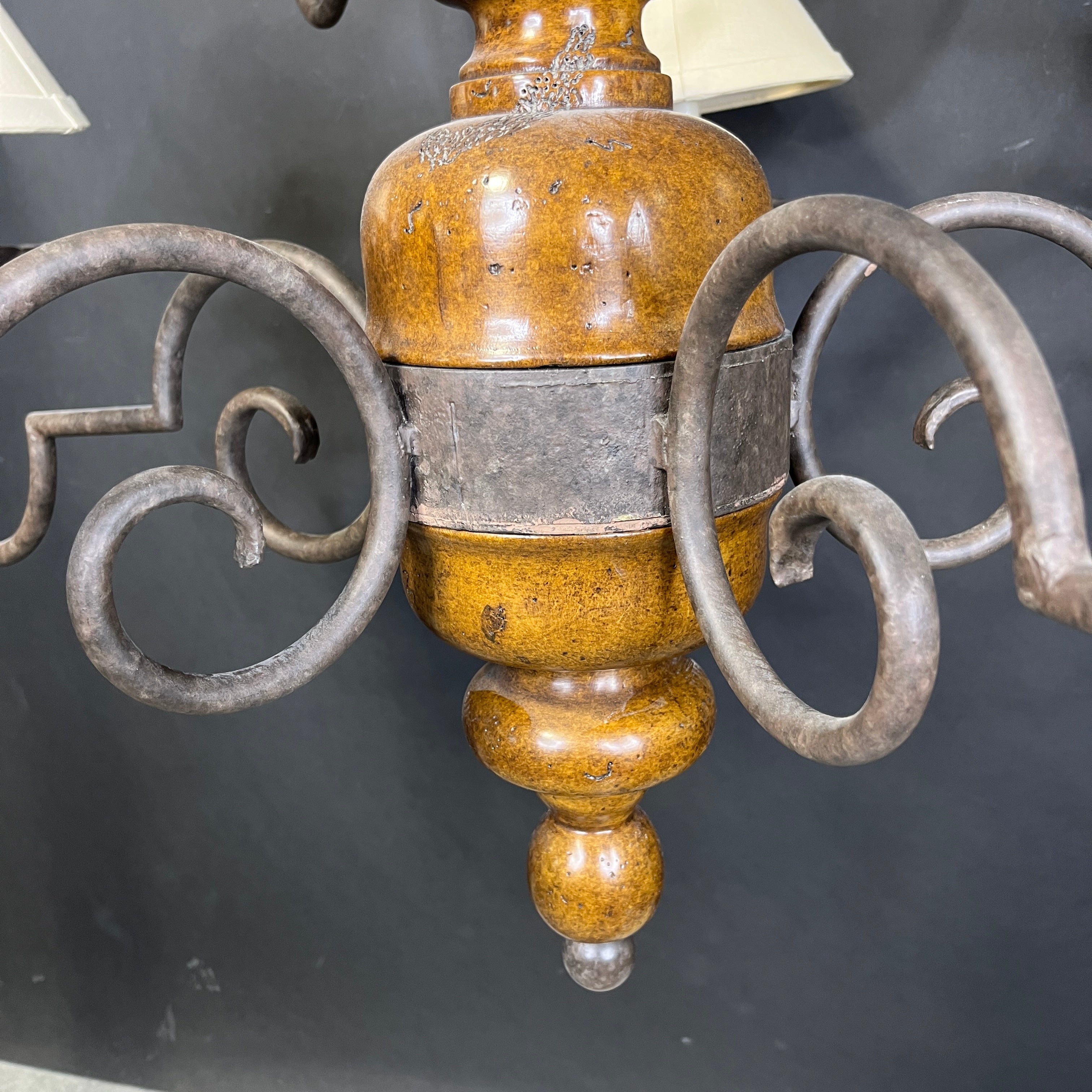 Vintage Romantic Tiered 10-Light Medium Finish Wood and Bronze Metal Arms with Shades Chandelier 40”x 35” - 54”