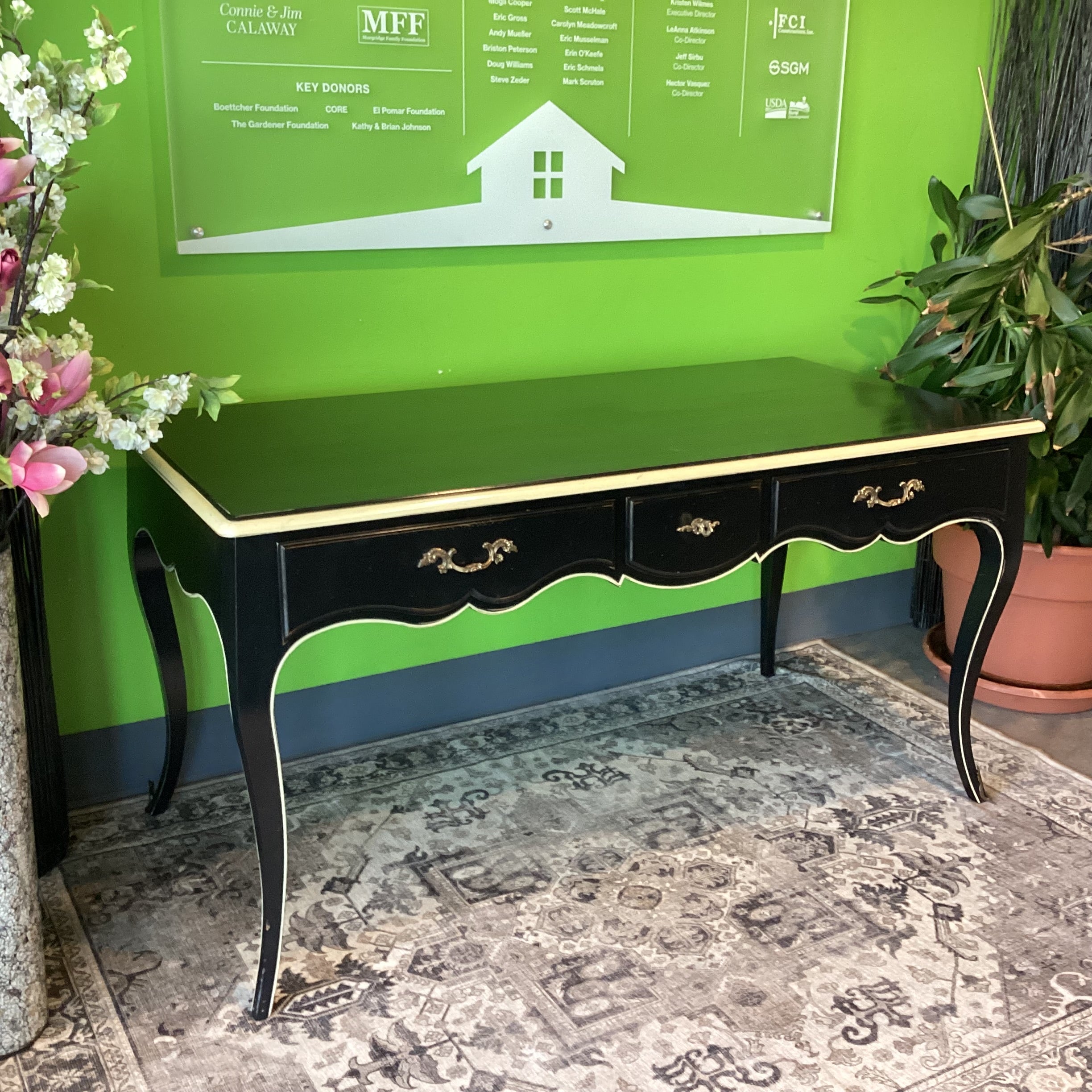 Vintage French Louis XV Style Black with Cream Detail & Brass Accent 3 Drawer Back Faux Front Desk 62"x 30"x 32"