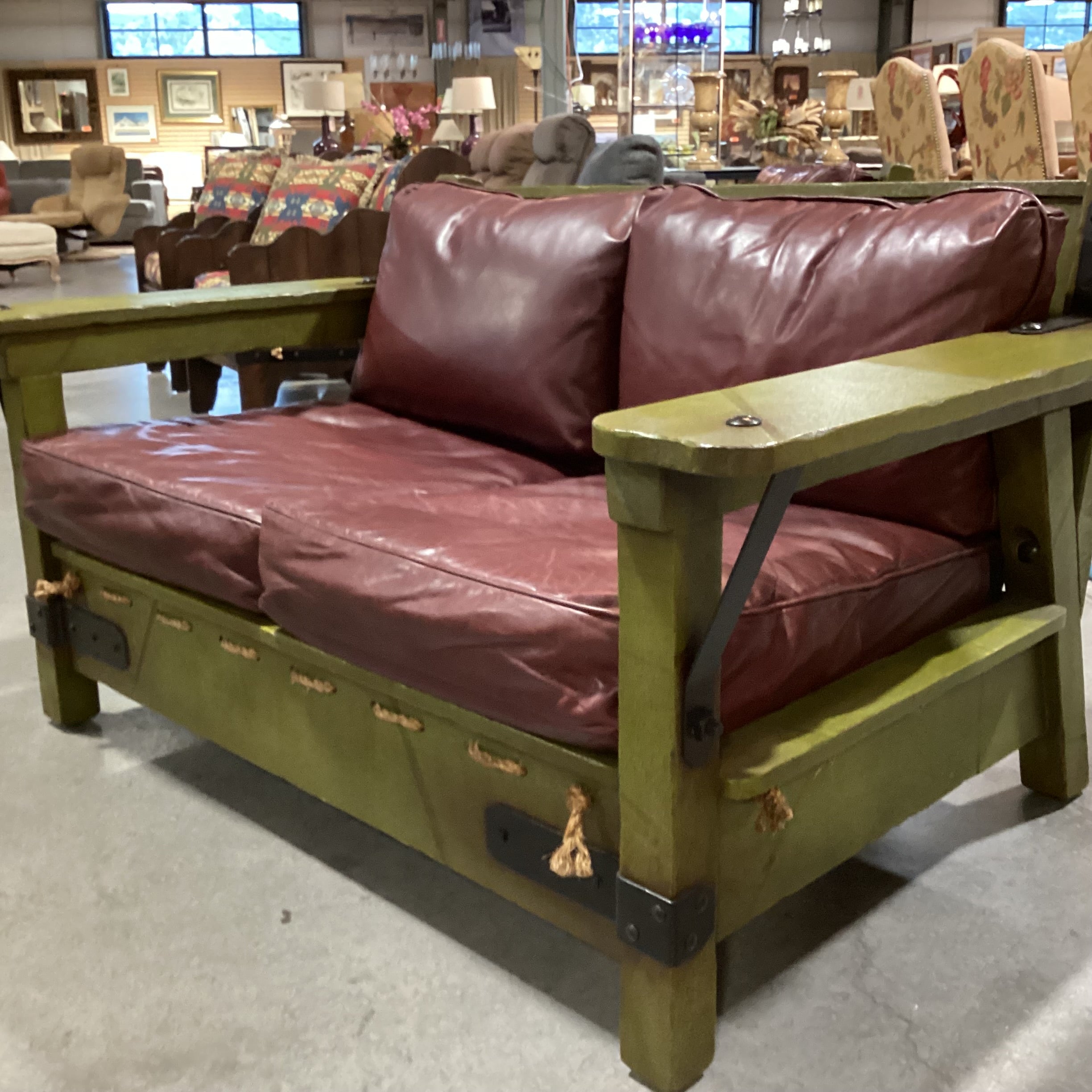 Art in Fine Forms Custom Spanish Green Alder Iron &Rope with Leather Cushions Sofa 57"x 36"x 31"