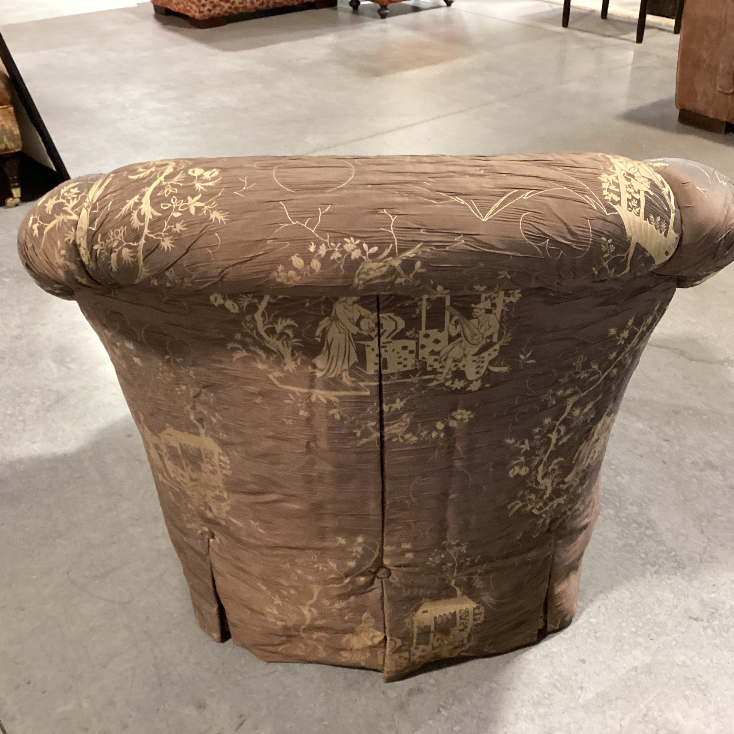 JJ Custom Brown Gold Asian Scene Silky Crinkle Upholstery Tailored Button Skirt Chair 35"x 36"x 32"