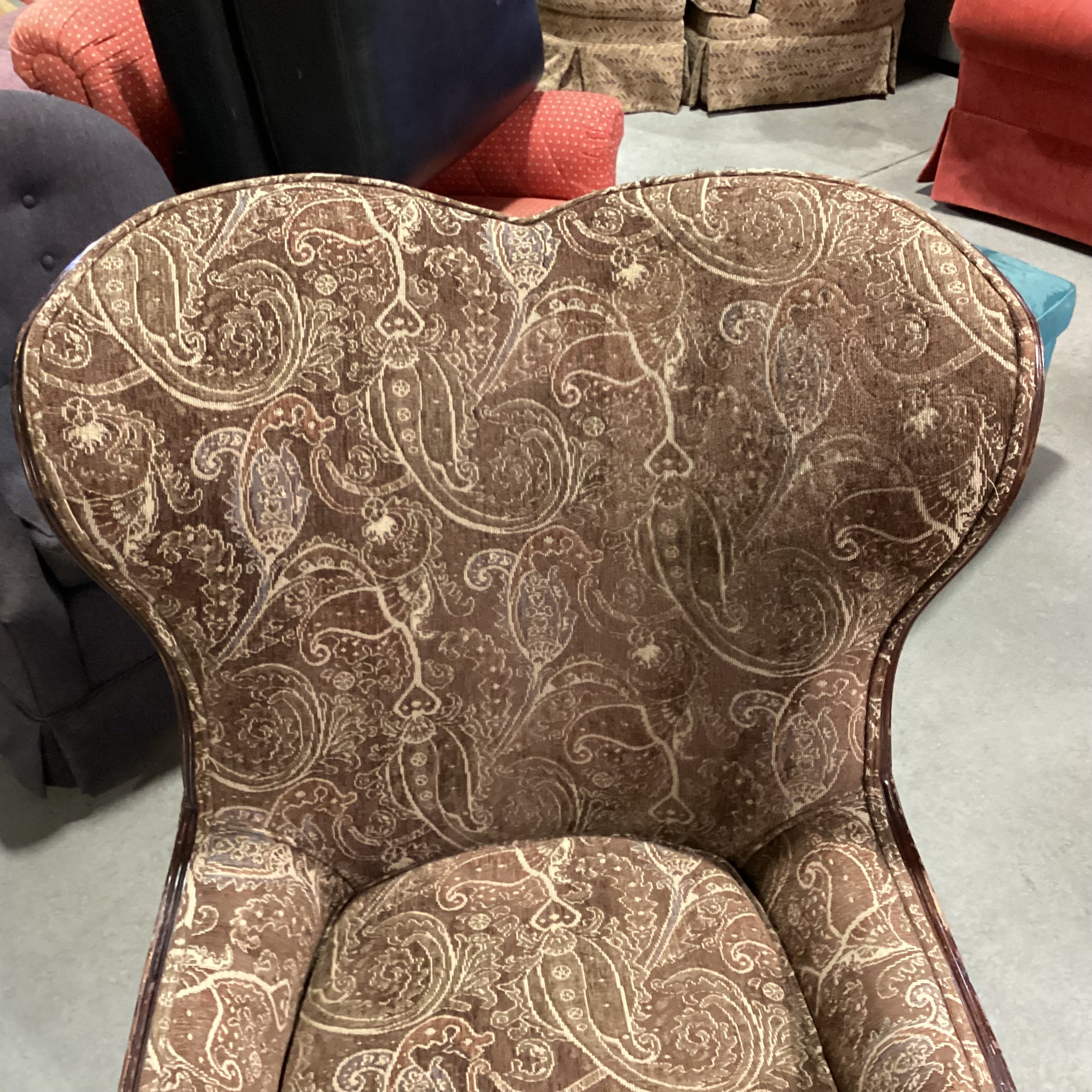 Vintage Brown Tones Paisley & Carved Wood Wing Chair 26"x 36"x 43"