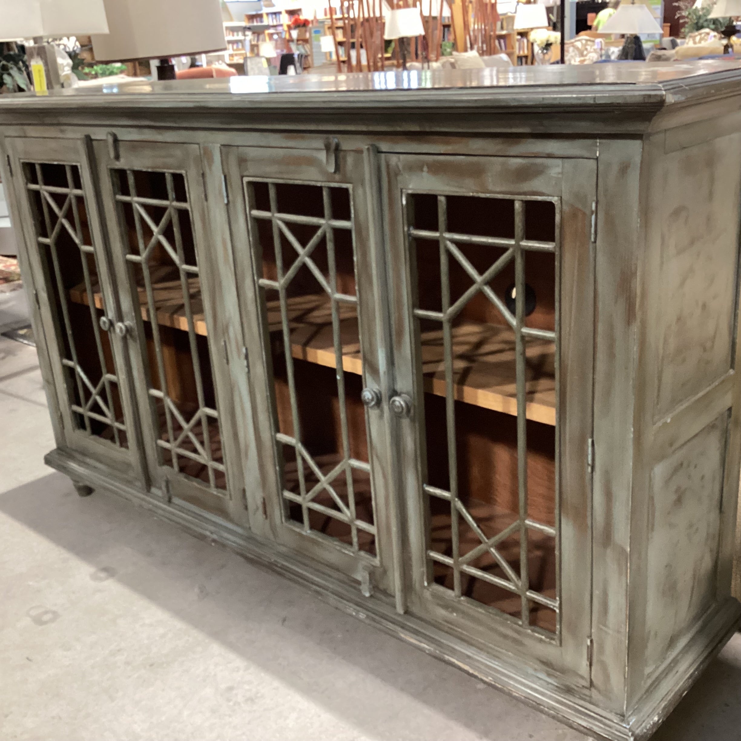 Green Washed Wood & Metal 4 Door with Shelves Console Credenza 71"x 18"x 42.5"