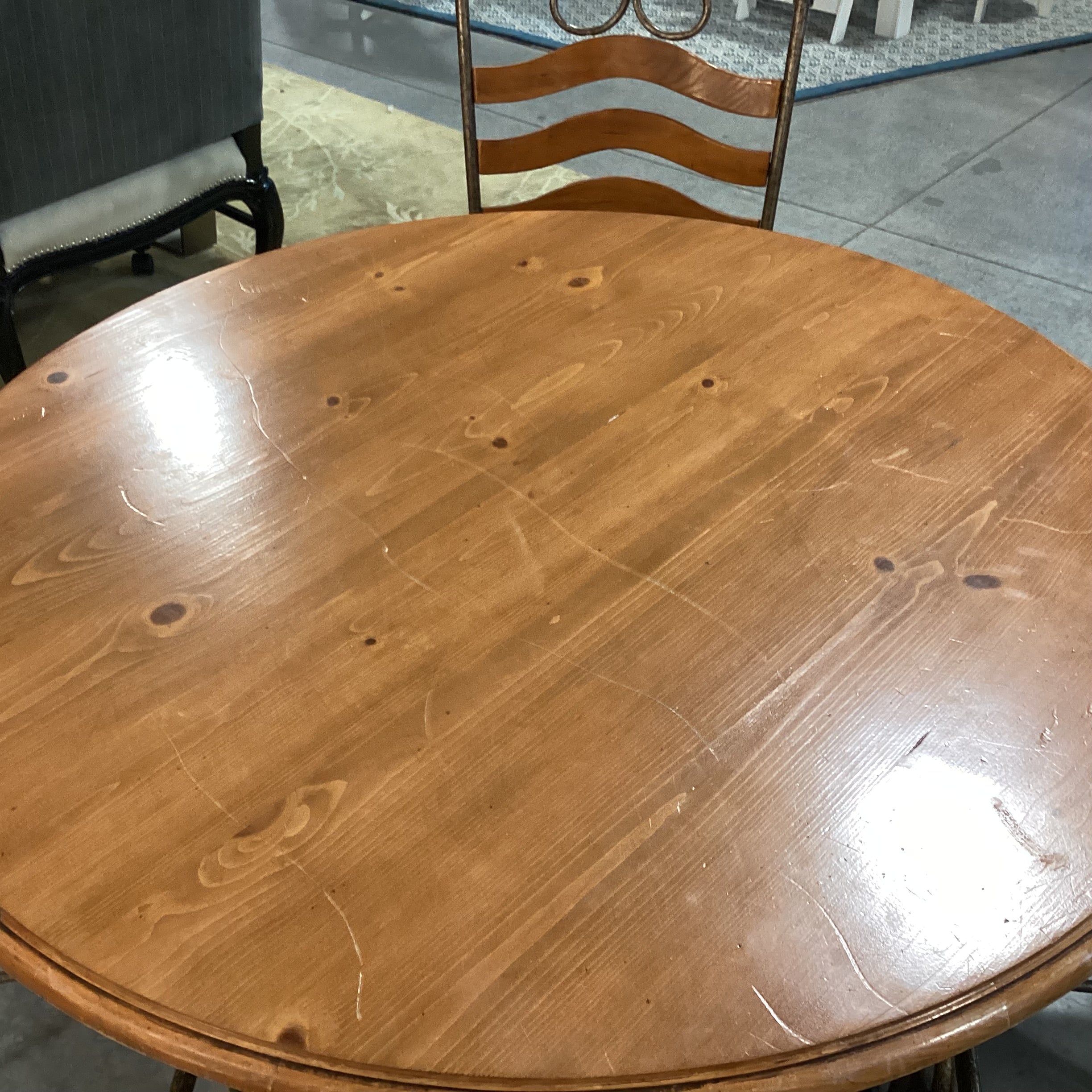 Round Wood & Iron Table with 4 Chairs Dining Set 48" Diameter x 30.5"