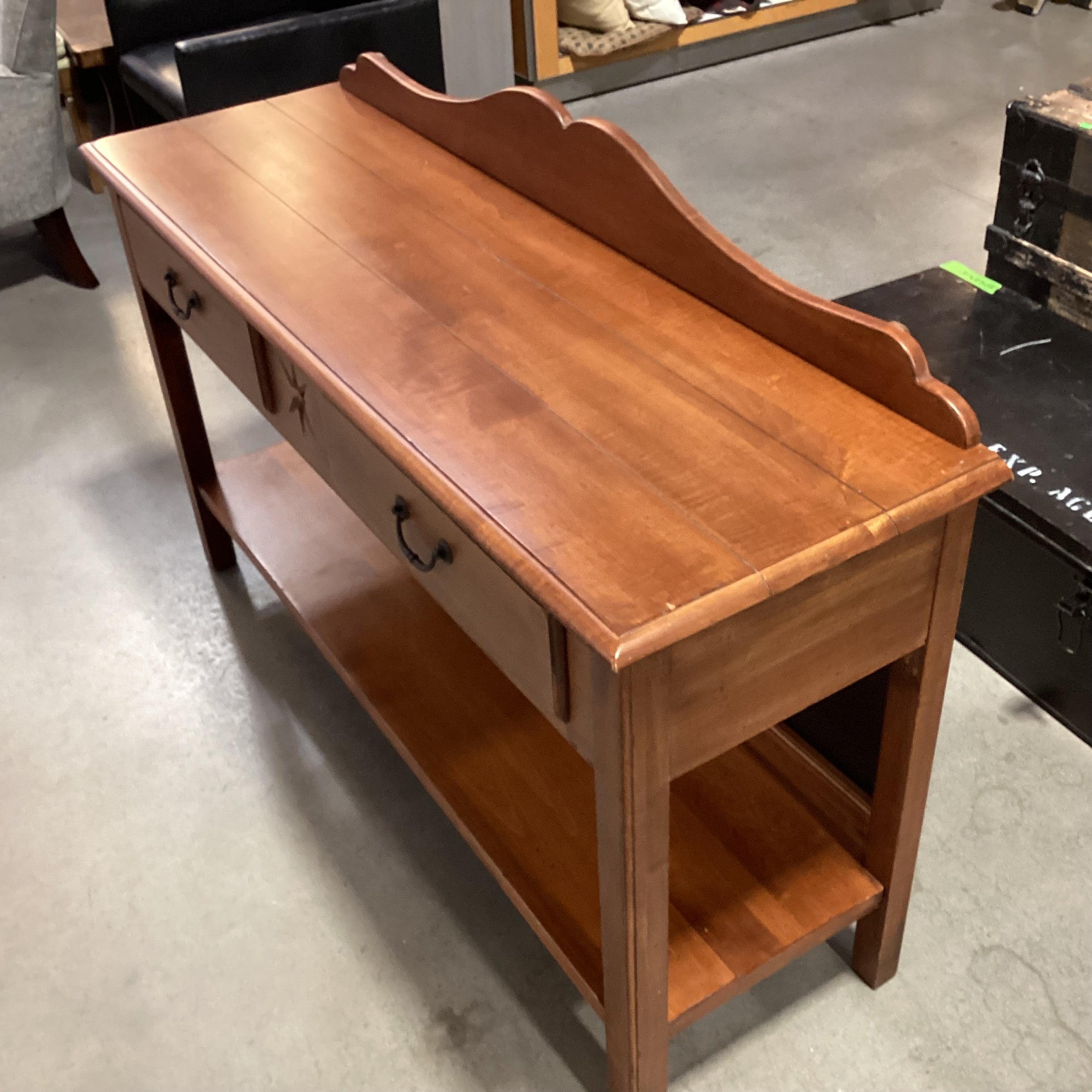 Ethan Allen Cherry Tone Finished Maple 2 Drawer with Bottom Shelf & Backsplash Sofa Table 54"x 17"