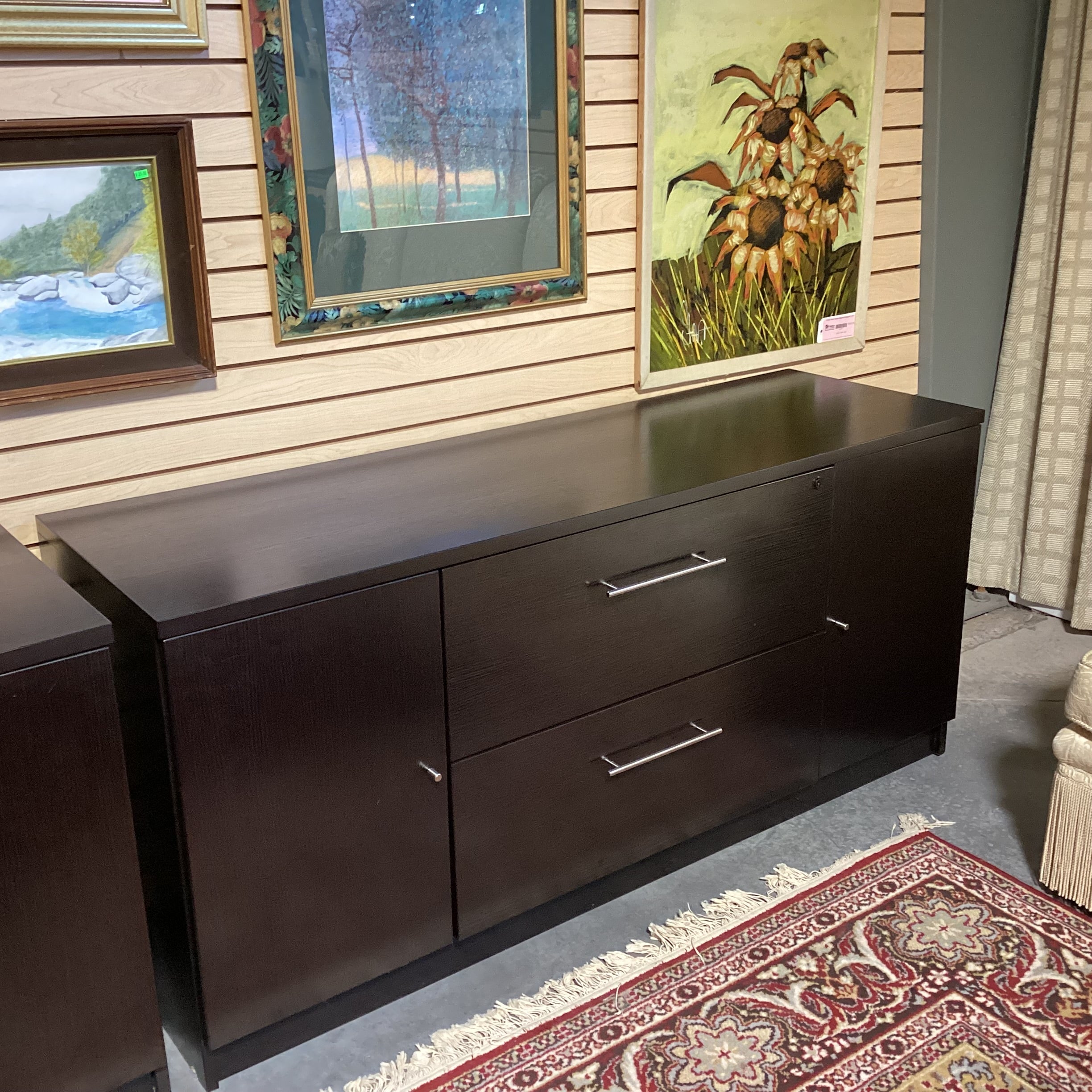 Dark Finish Wood Style Veneer 2 Door 2 Drawer Credenza 63"x 20"x 29"