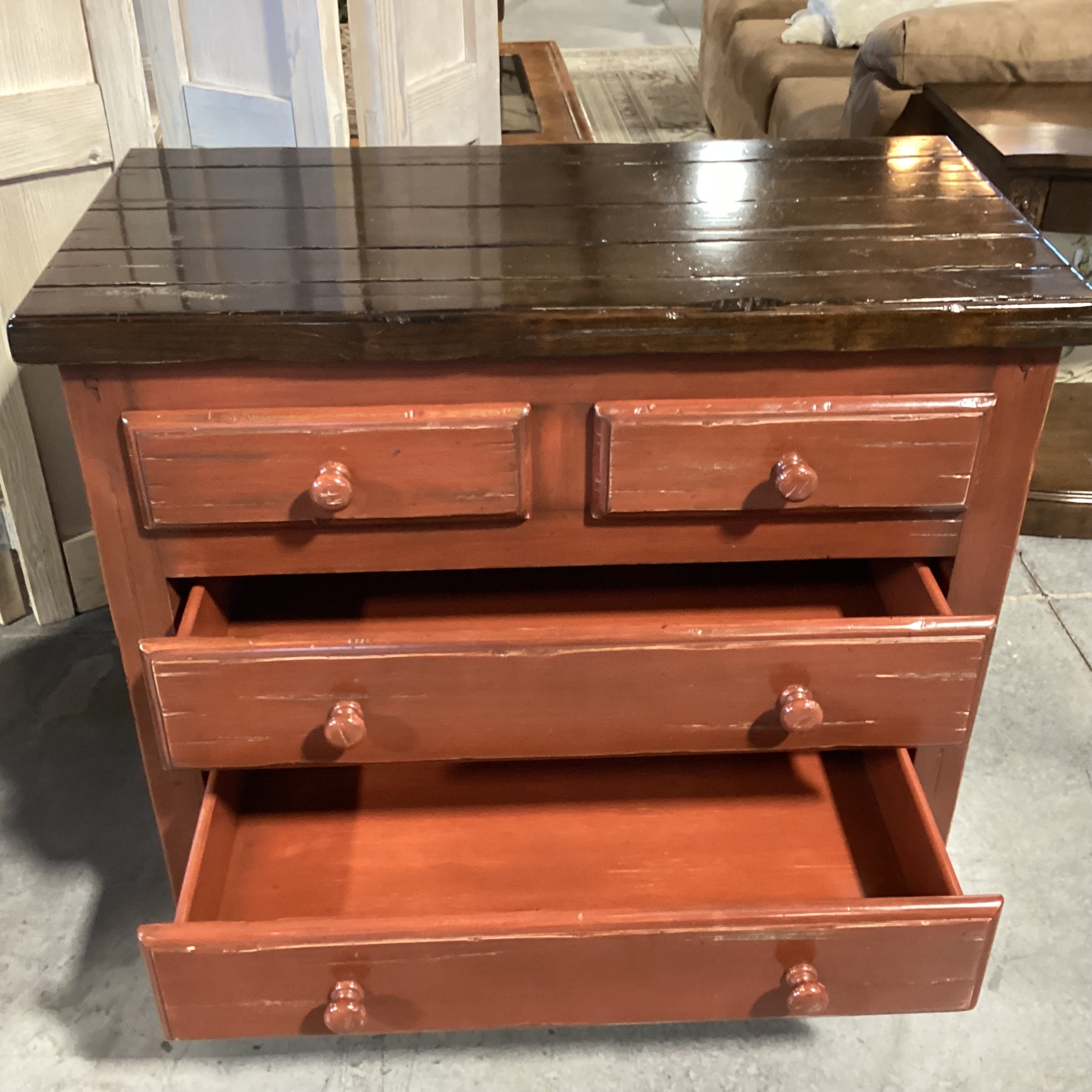 Red & Brown Distressed Finish Solid Wood 4 Drawer Chest 36"x 18"x 32.5"