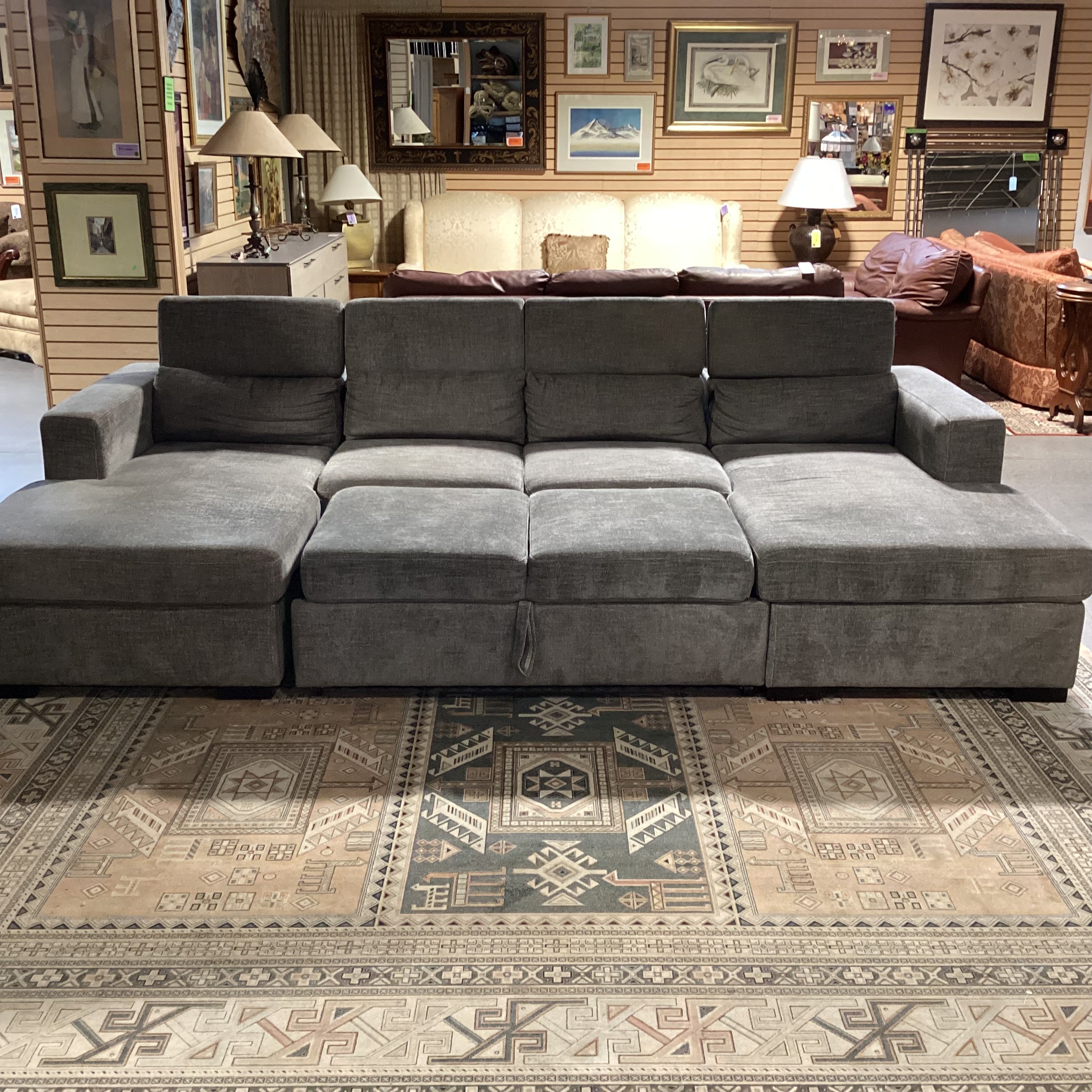 Fine Home Limited Grey Woven 2 End Chaise Pullout Middle Popup & Adjustable Headrests 3 Piece Sectional 122"x 69"x 69"x 31"