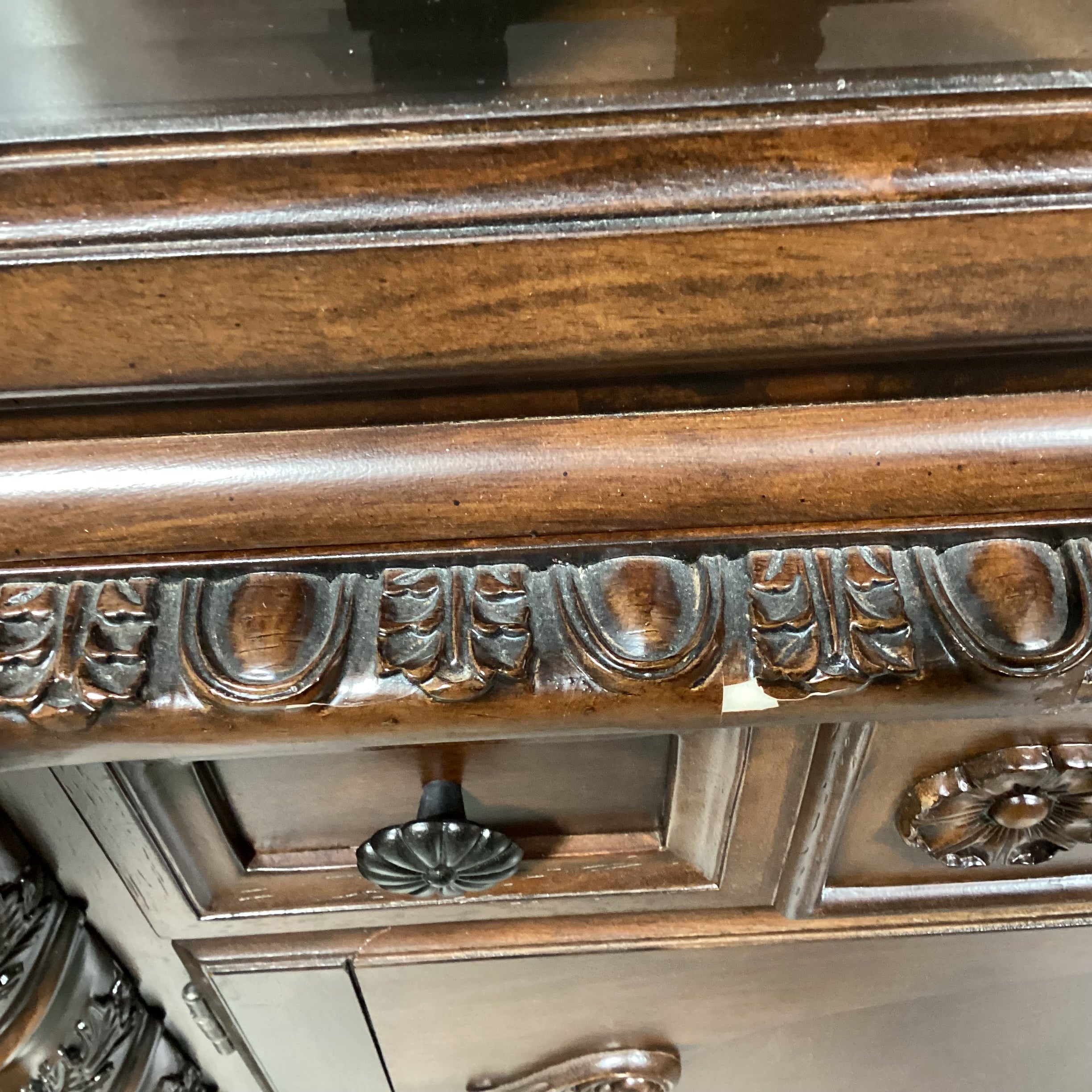 Ashley Furniture North Shore Ornate Carved Wood & Glass 2 Piece China Hutch 71"x 19"x 91"