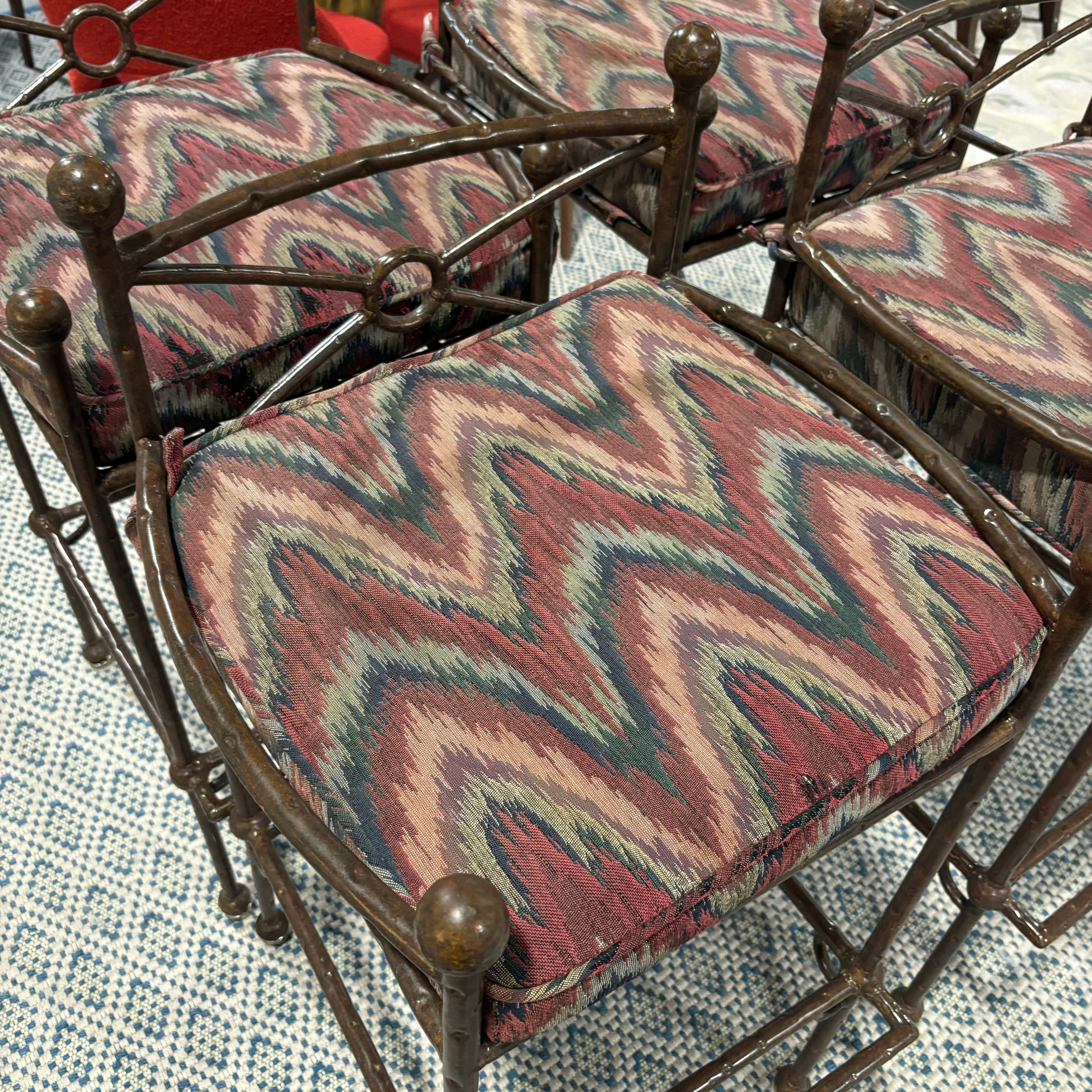 SET of 4 Rustic Metal with Multi Color Cloth Seat Barstools 33"