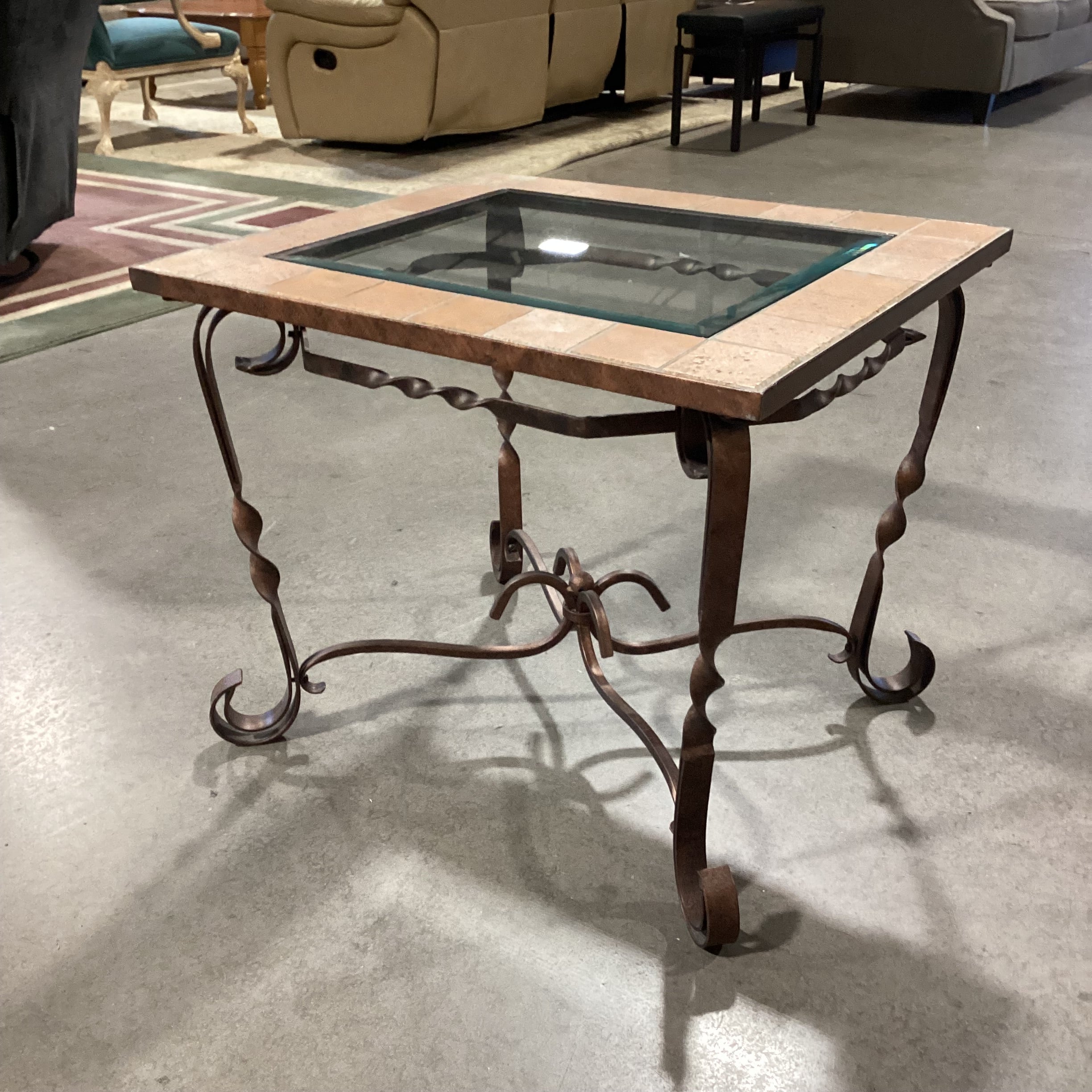 Ornate Iron Terracotta Tile and Glass End Table 28"x 24"x 23"