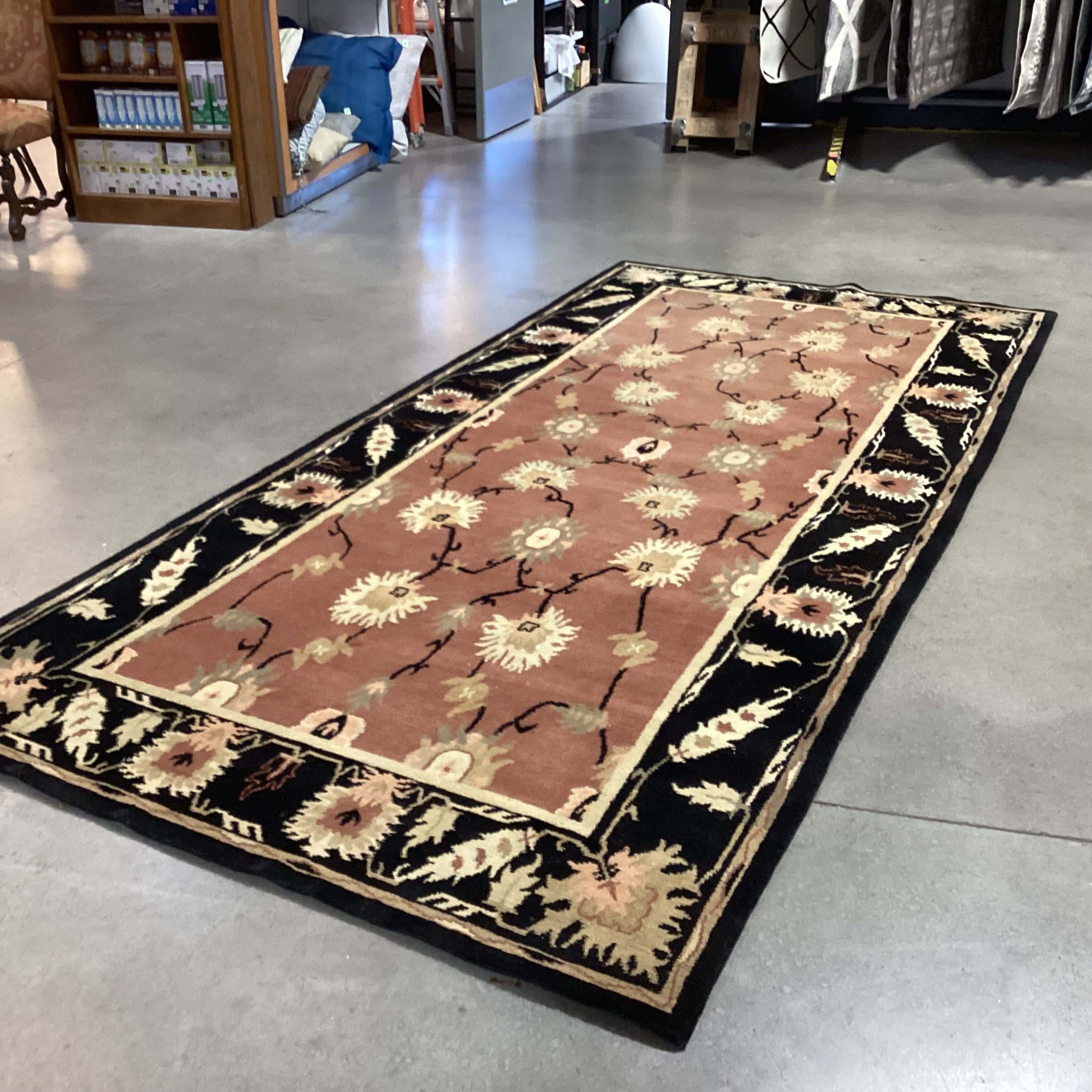 Blush Cream Sage Floral with Black Border Hand Woven Nepal Wool Rug 5'5"x 11'11"