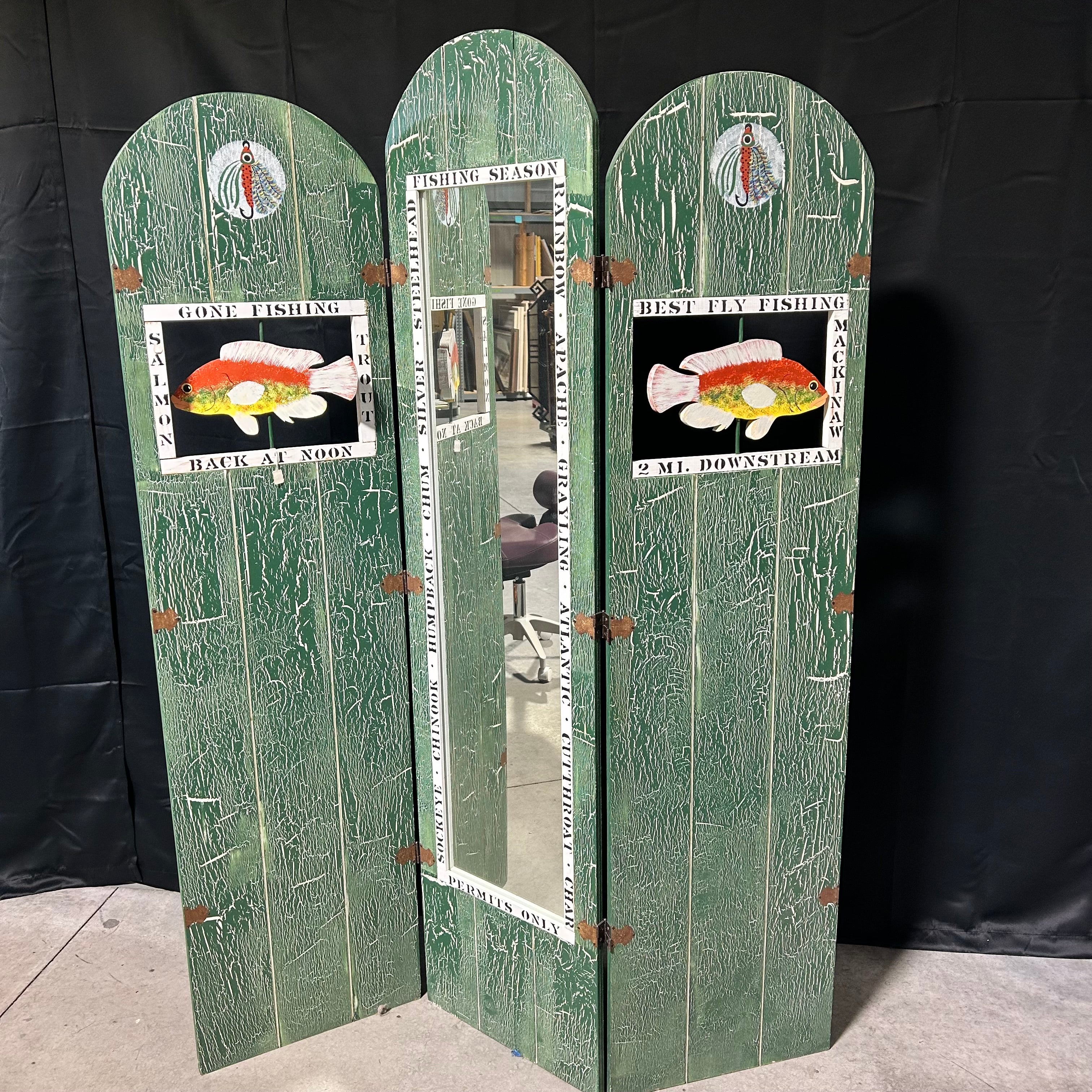 one Of A Kind Hand Painted Fishing Motif 3 Pannel Room Devider54"x 73"