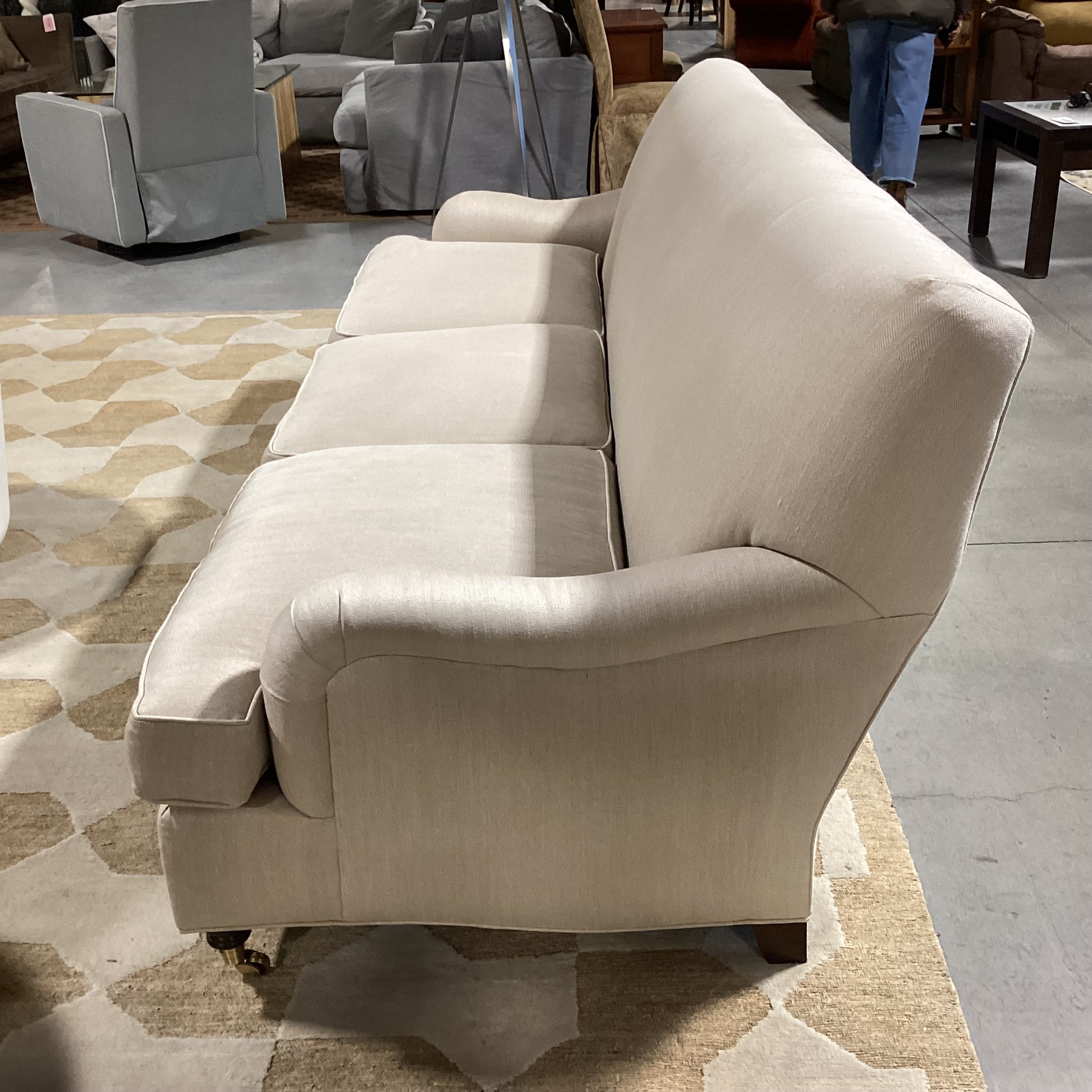 Hickory Chair Beige Woven with Front Brass Casters Sofa 94"x 38"x 35"