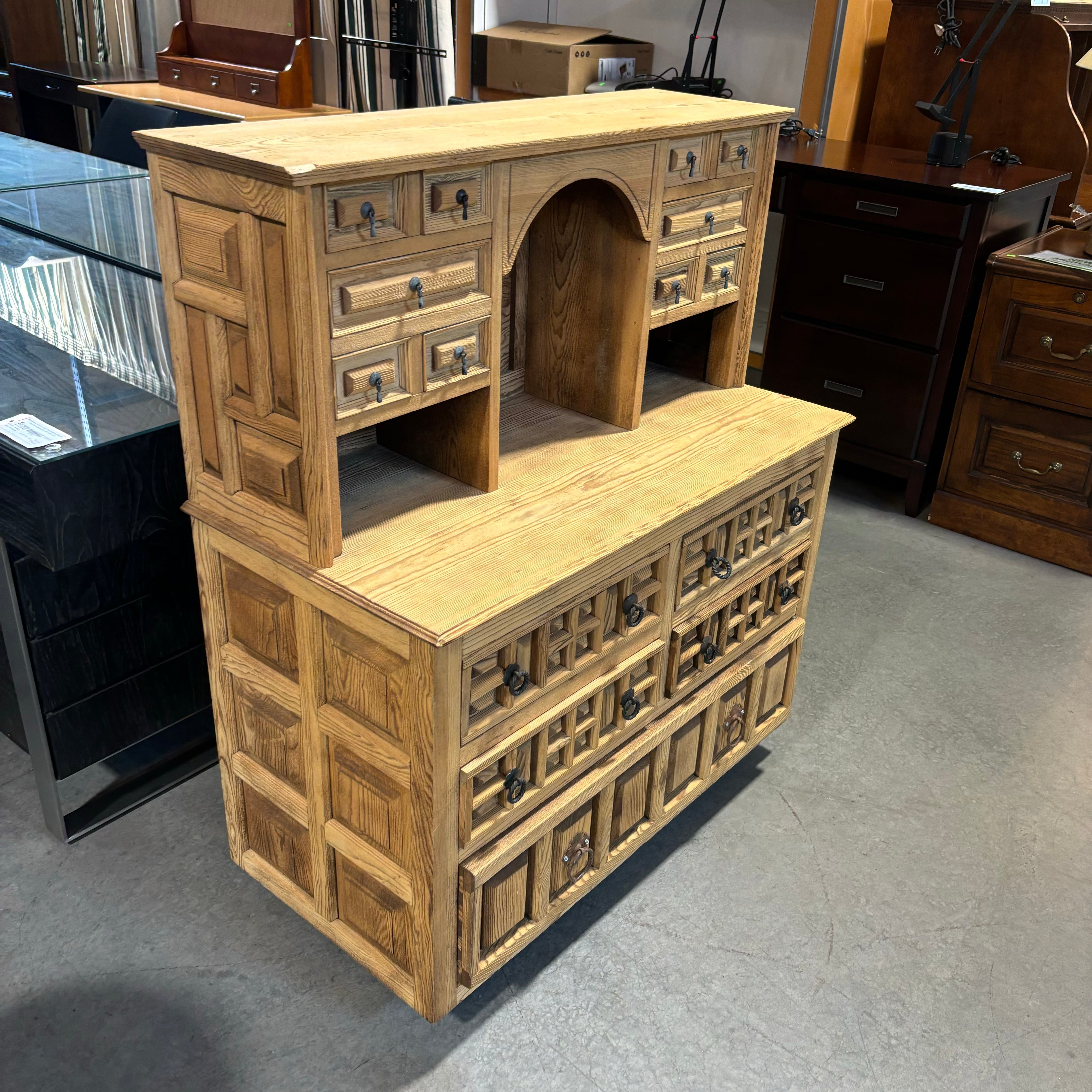 Natural Light Wood with Carved Detail & Iron Pulls 15 Drawer Hutch 40"x 20"x 27"