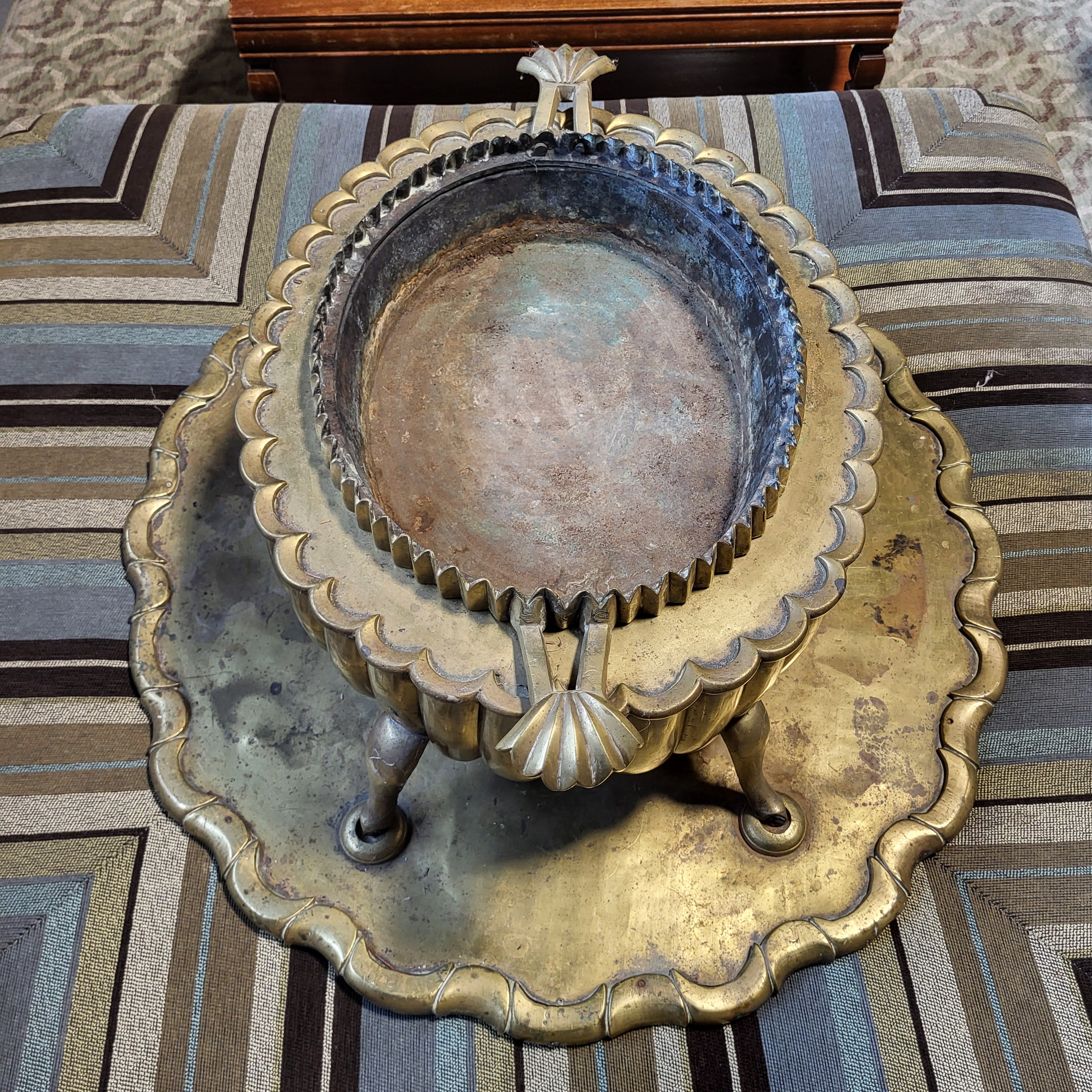 Antique Turkish Brass with Underplate Brazier, 35" x 32" x 23"