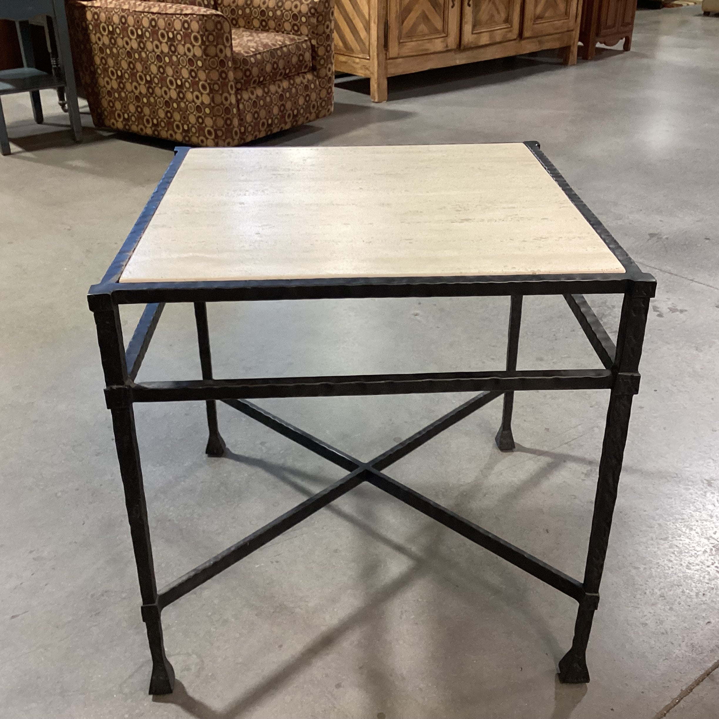 Textured Iron & Travertine Top Accent Table 25.5"x 25.5"x 25.25"
