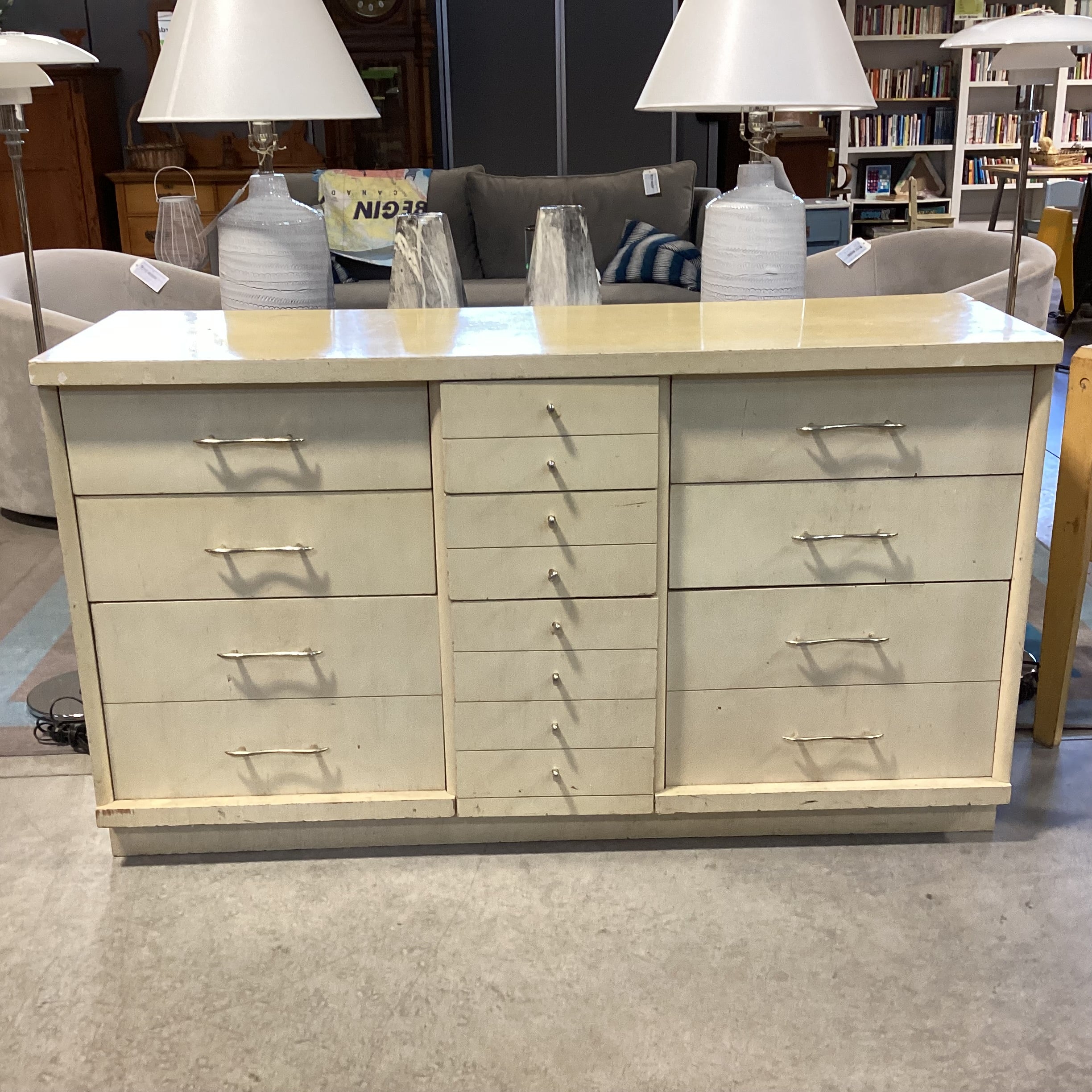 Mid Century Blonde Finish Wood 9 Drawer Dresser 58"x 18"x 33"