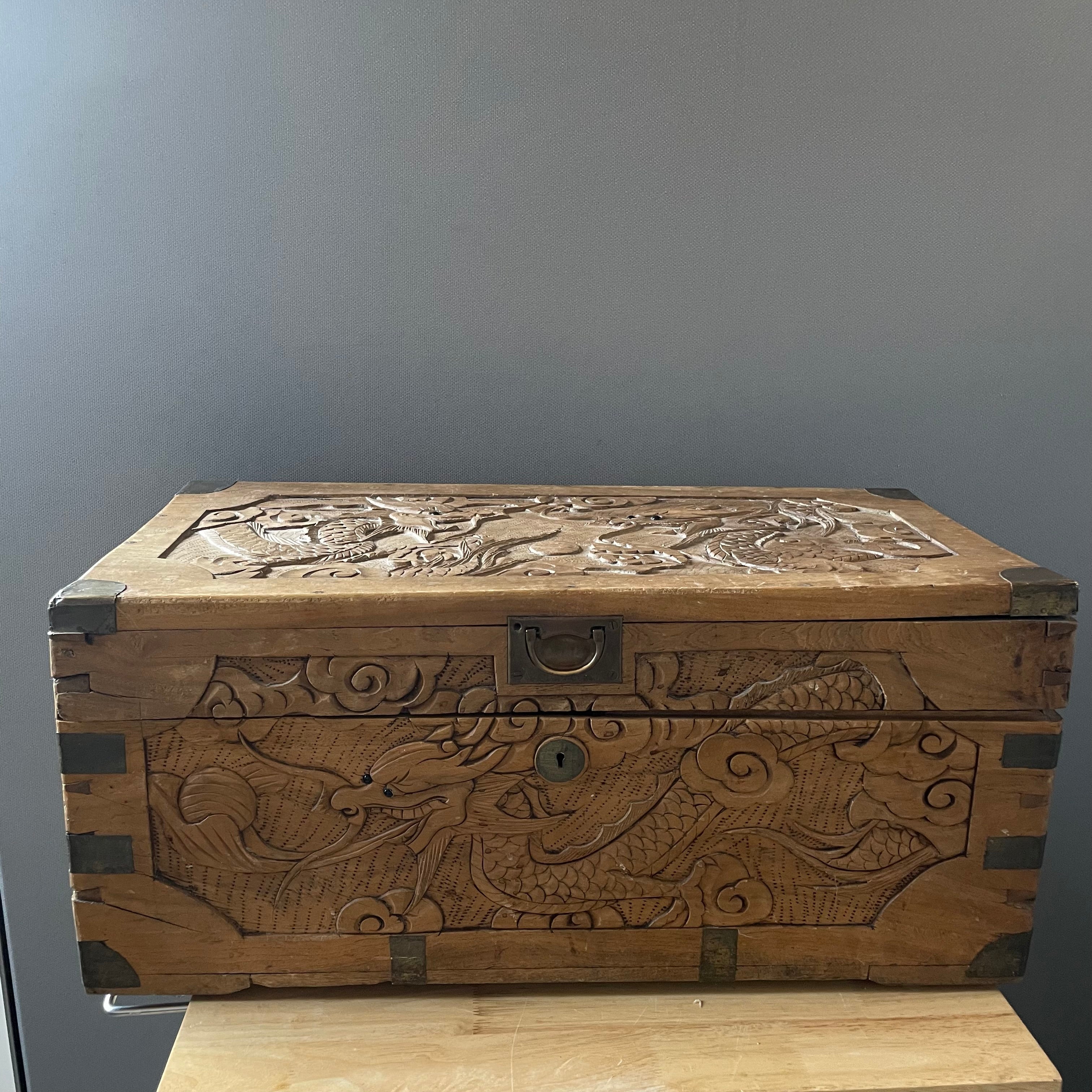 Vintage Carved Dragons Asian Style Rustic Trunk, 27"x 13"x 12"Dragons