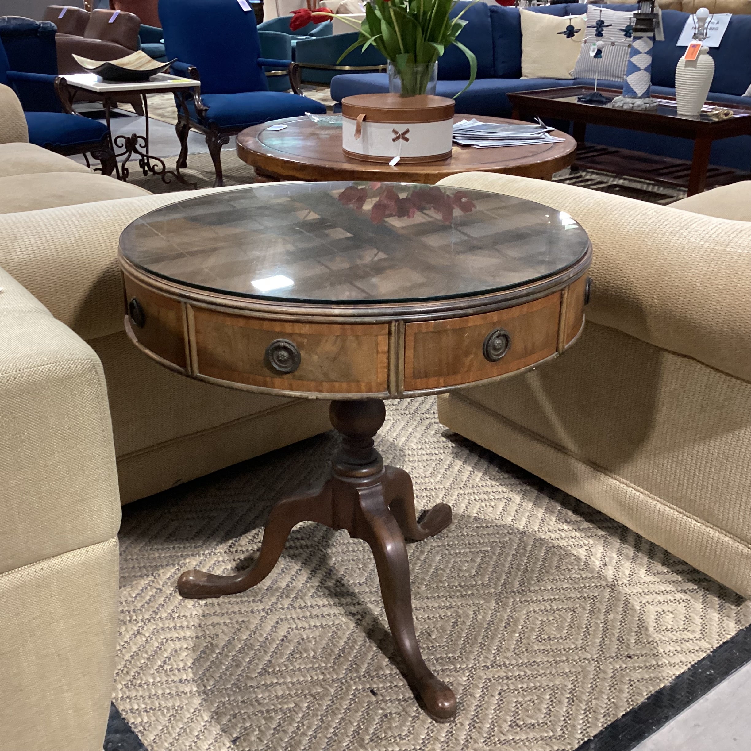 Antique Round Carved Wood &  Flamed Mahogany Veneer 4 Drawer Glass Top Accent Table 30" Diameter x 29.5"