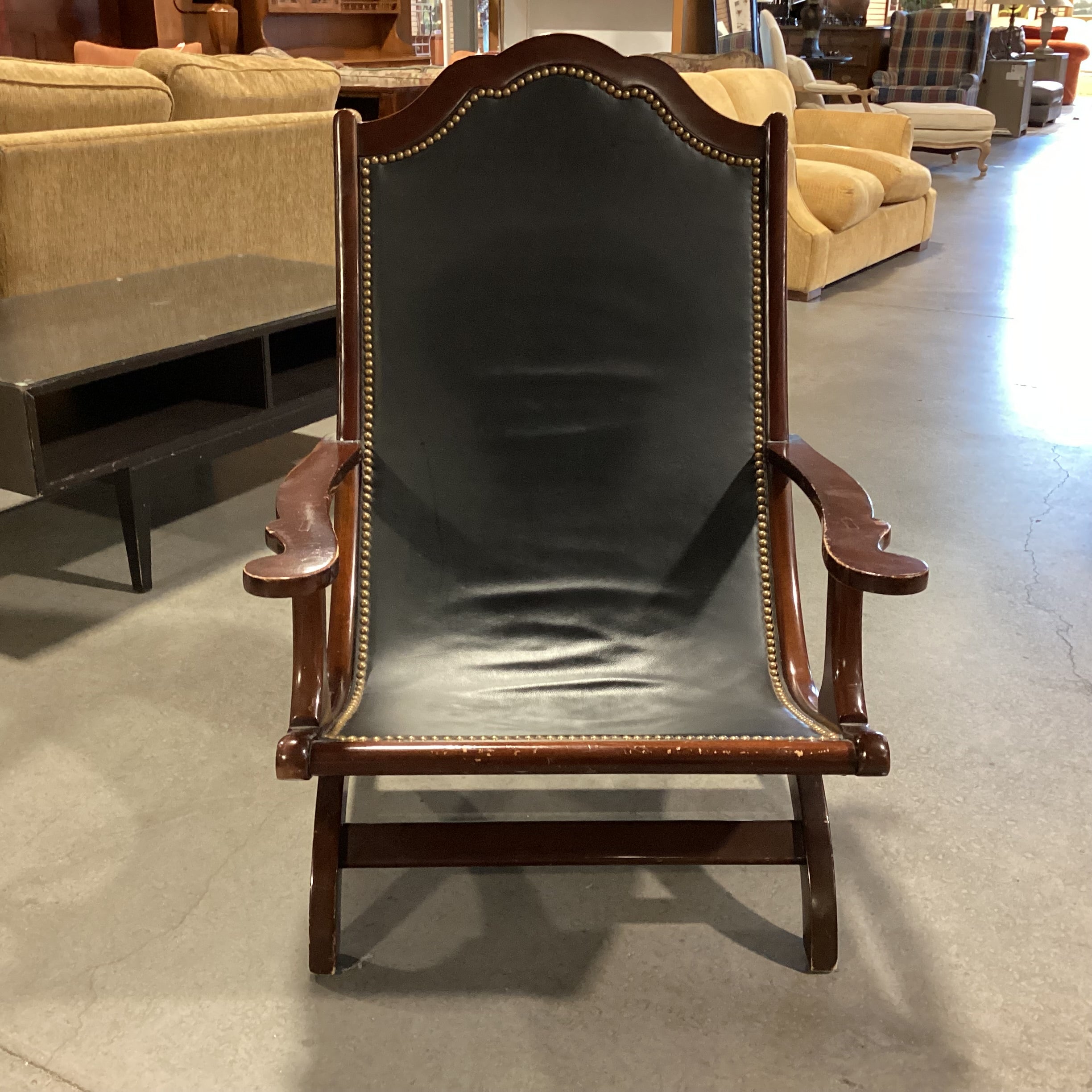 Black Leather Nailhead & Carved Wood Plantation Style Chair 27"x 30"x 40"