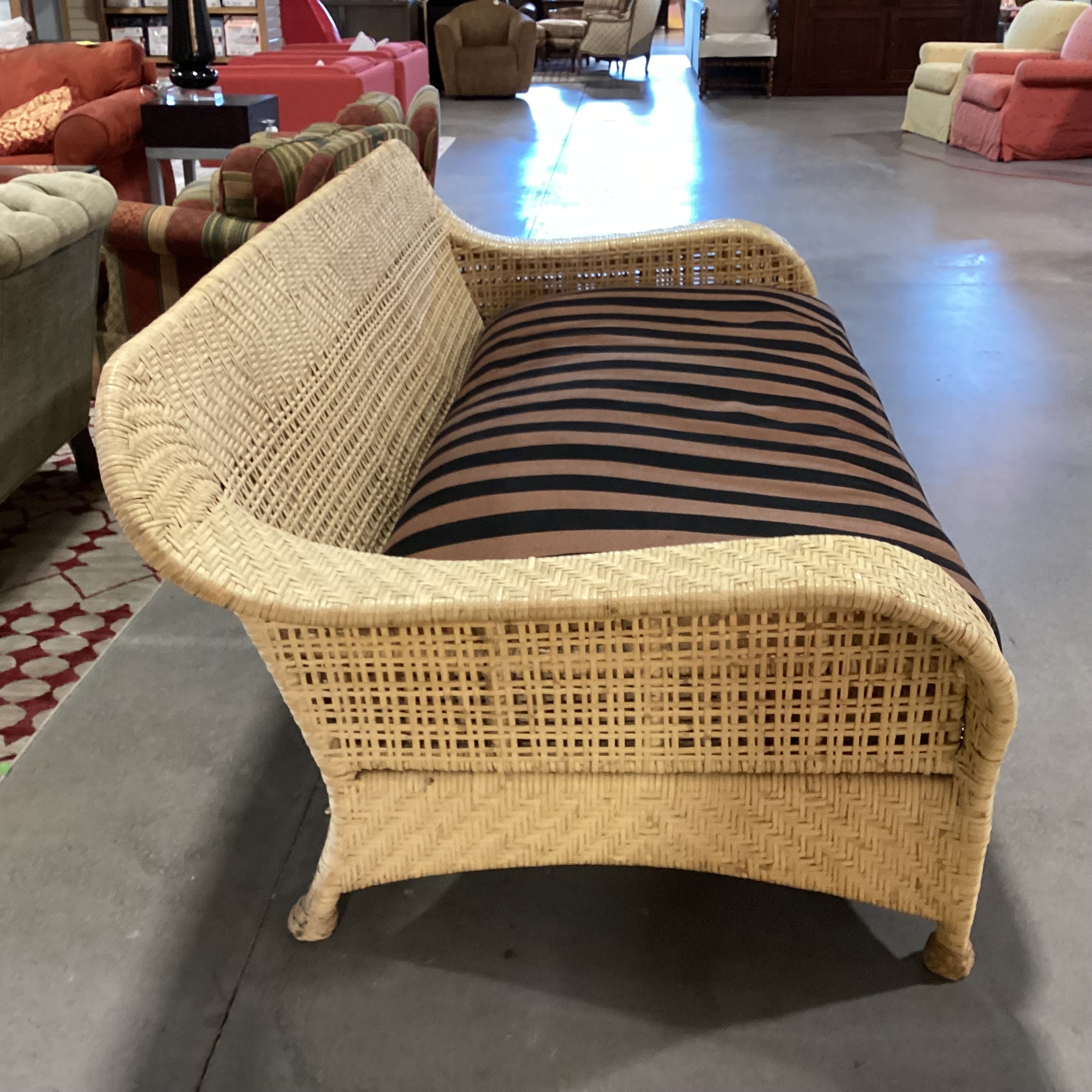 Rattan Wicker & Black & Brown Stripe Down Cushion Sofa 85"x 44"x 33"