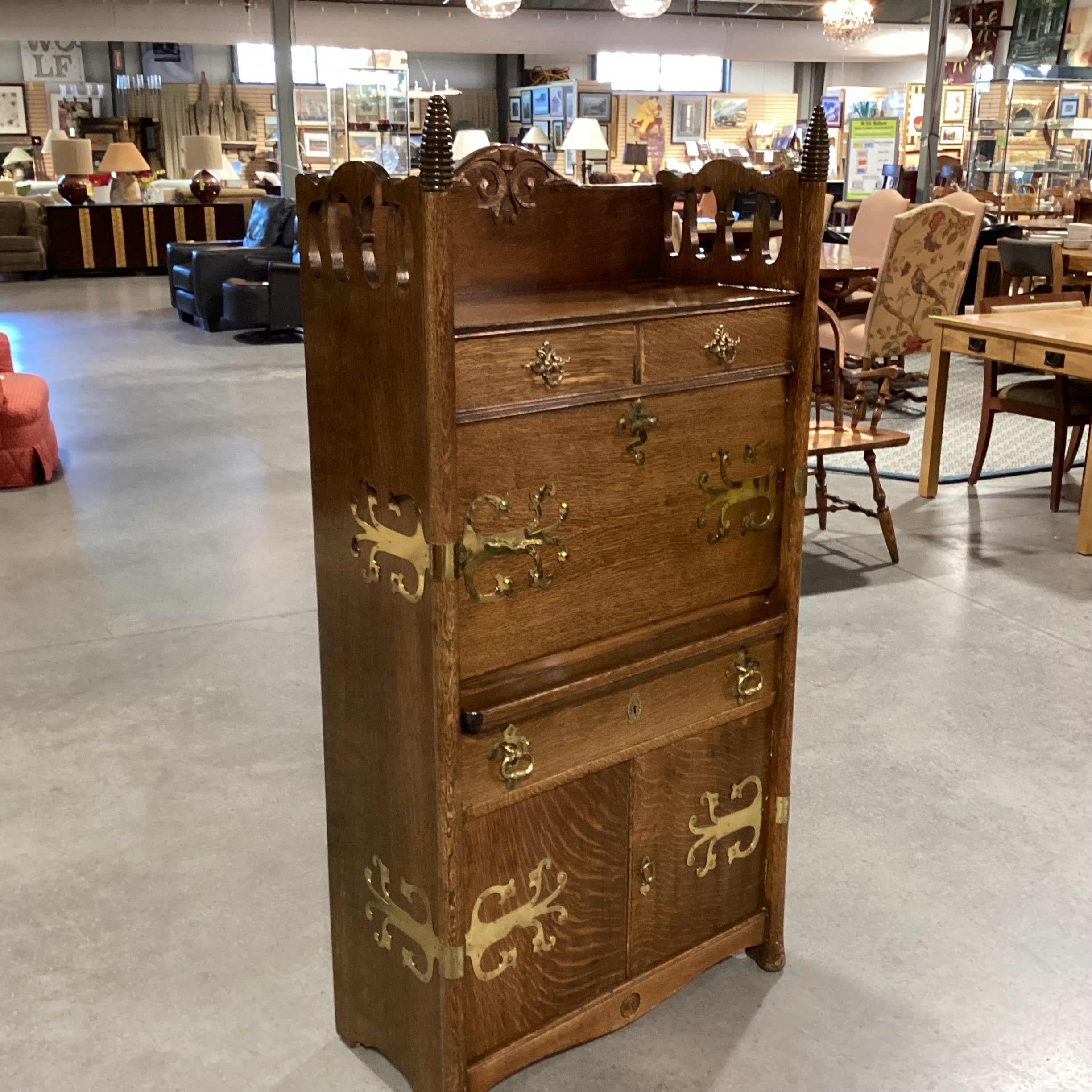 Antique Finished Quarter Sawn Oak with New Brass Embellishments Secretary Desk 29"x 14"x 58.5"
