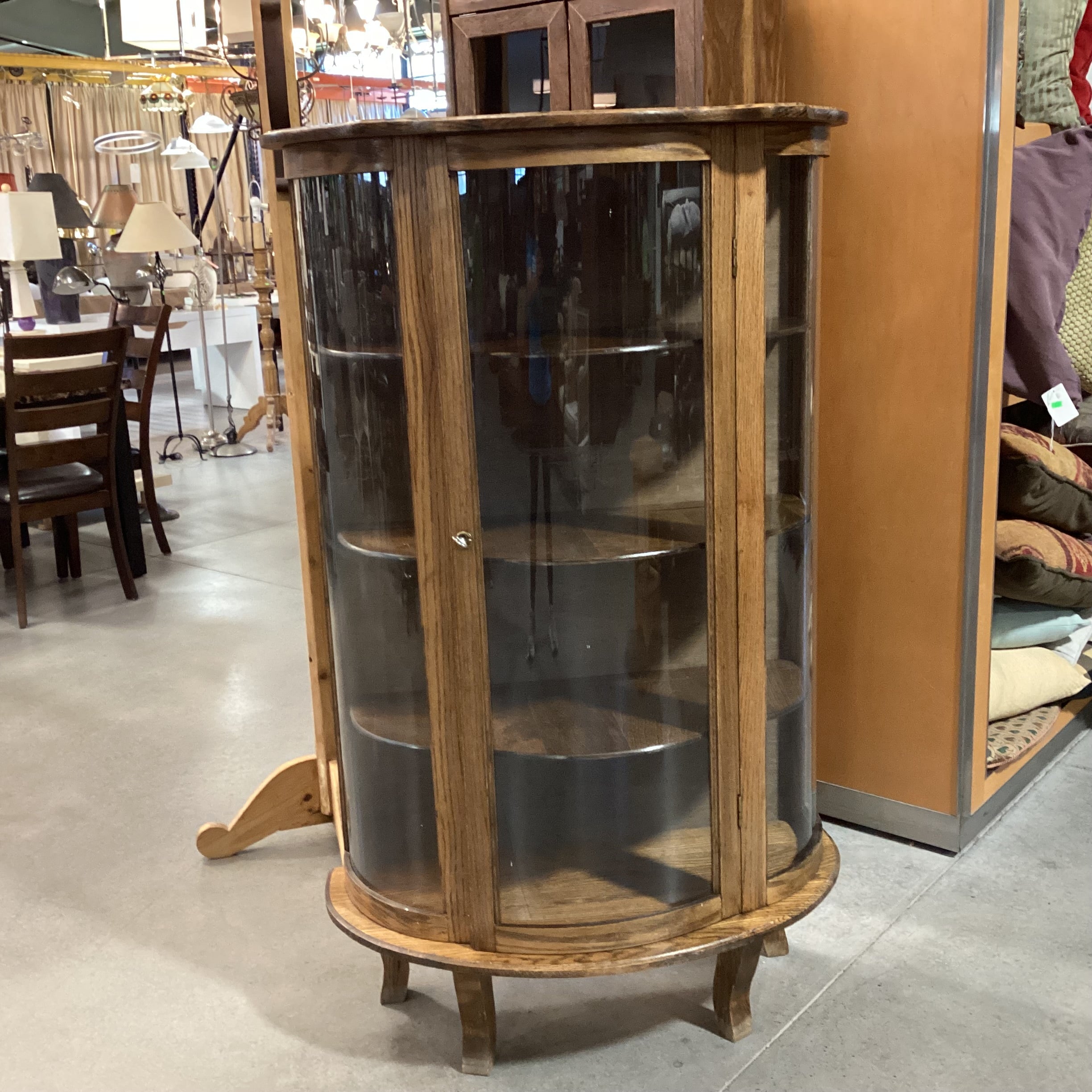 Antique Oak & Glass Curved Front with Shelves & 1 Door Display Hutch 35"x 16"x 58"