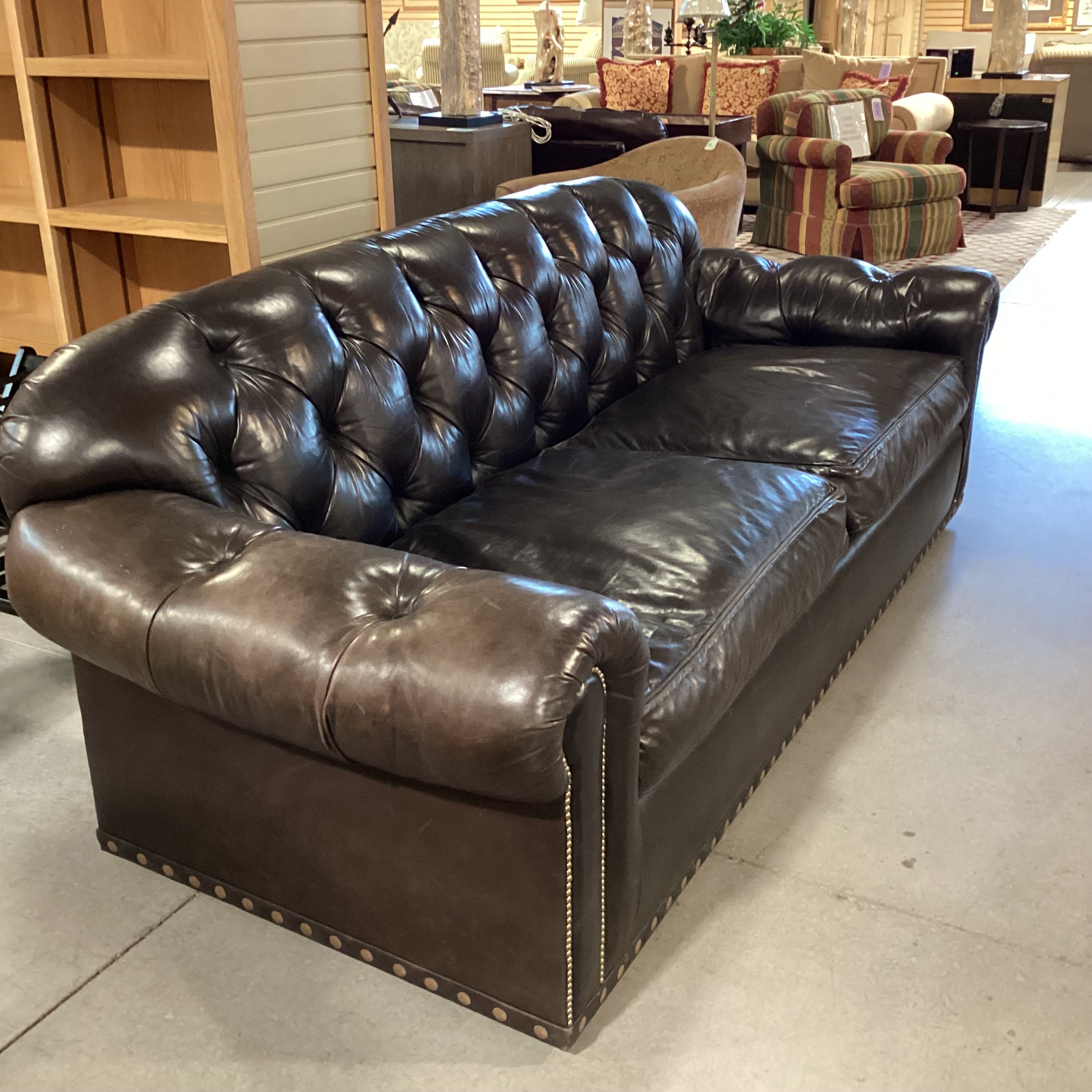 JJ Custom Dark Espresso Leather Tufted Down Mix with Nailhead Detail Sofa 98"x 40"x 36"