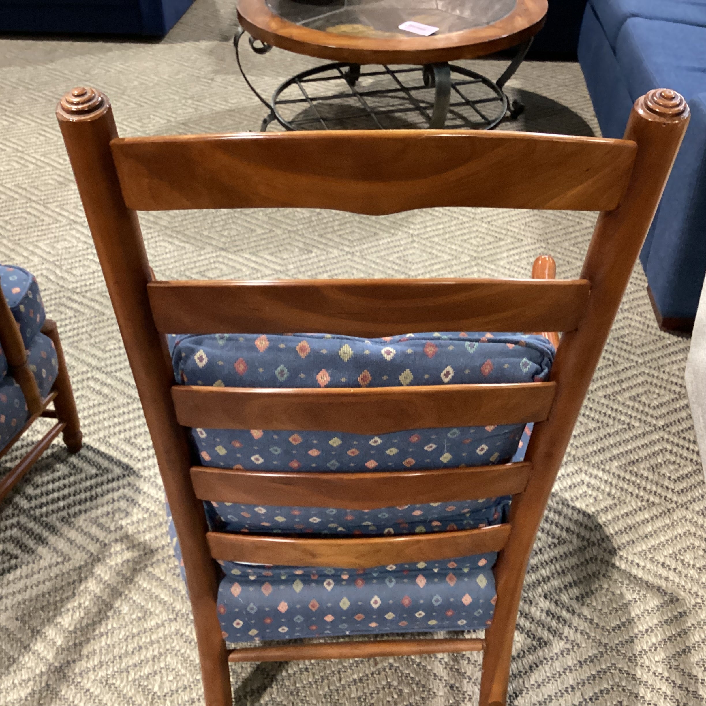 Hickory Chair NC Wood Ladder Back Blue Red Gold Diamond Pattern Upholstery Chair 27"x 26"x 44"
