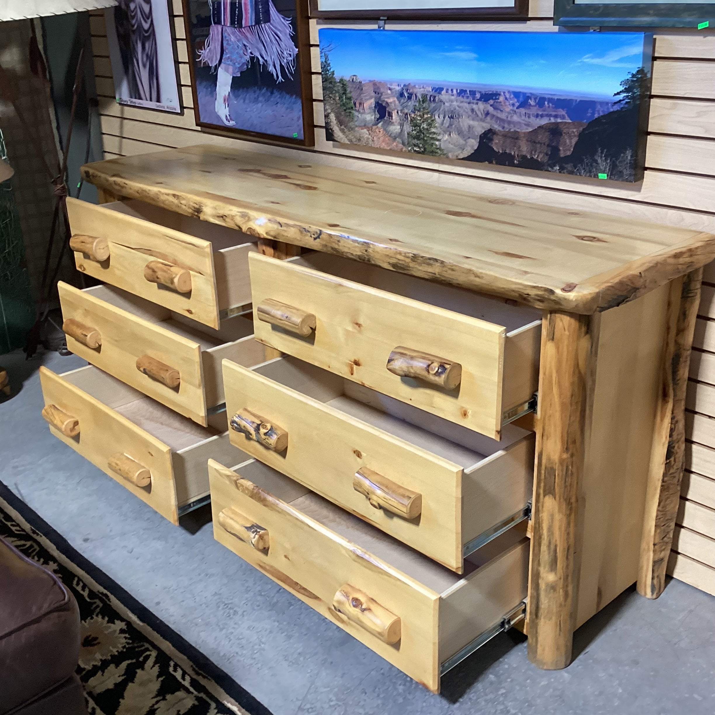 Honey Finish log 6 Drawer Dresser 75"x 21"x 35"