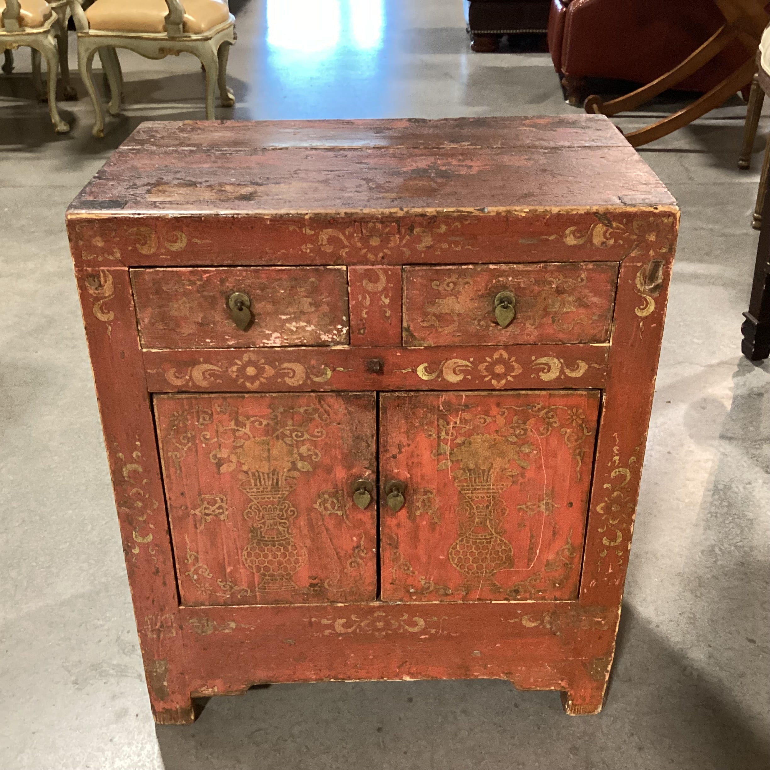 Vintage Antique Asian Carved Wood Red & Gold Painted 2 Drawer 2 Door Cabinet End Table 22"x 13.5"x 26"