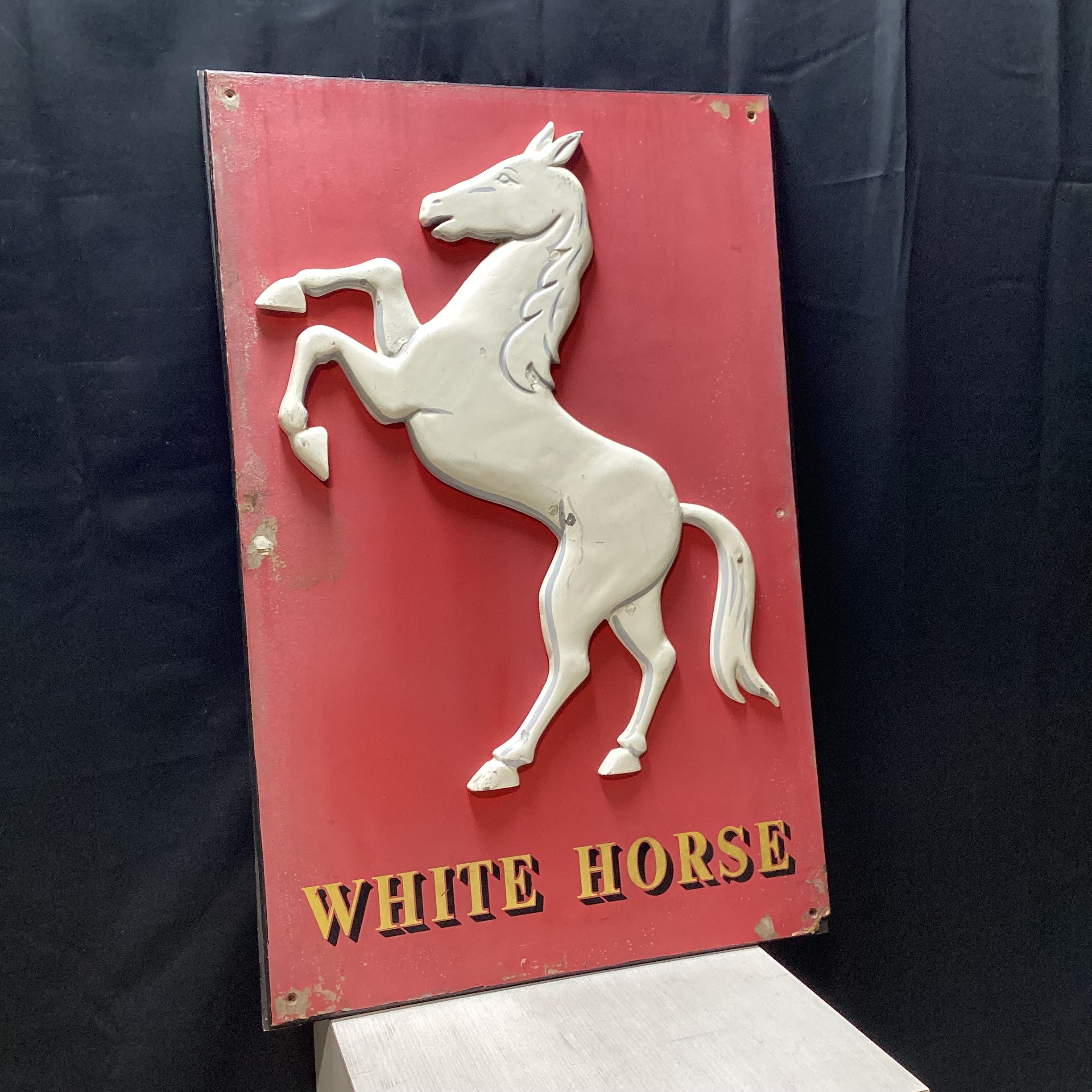 Vintage "White Horse" Wooden Sign With Enamel Horse 27" x 41"