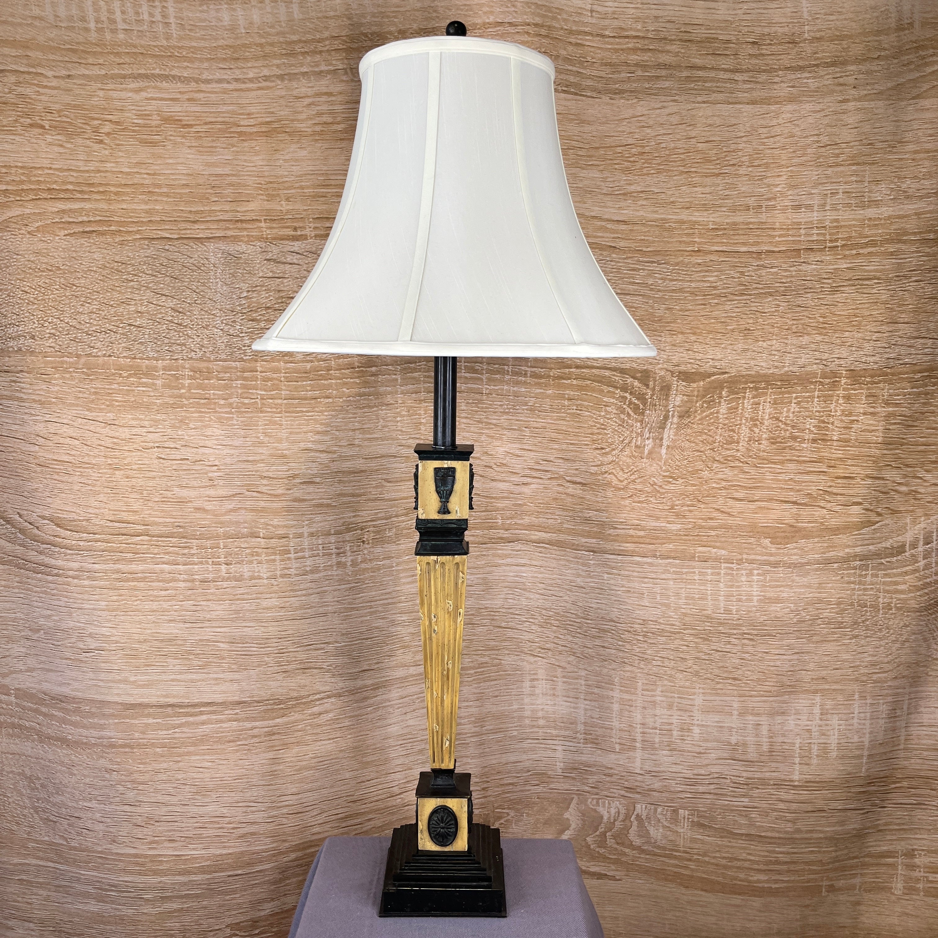 Maitland Smith Beige and Bronze Resin Pedestal Base with Shade Table Lamp 5.5"x 5.5"x 38"