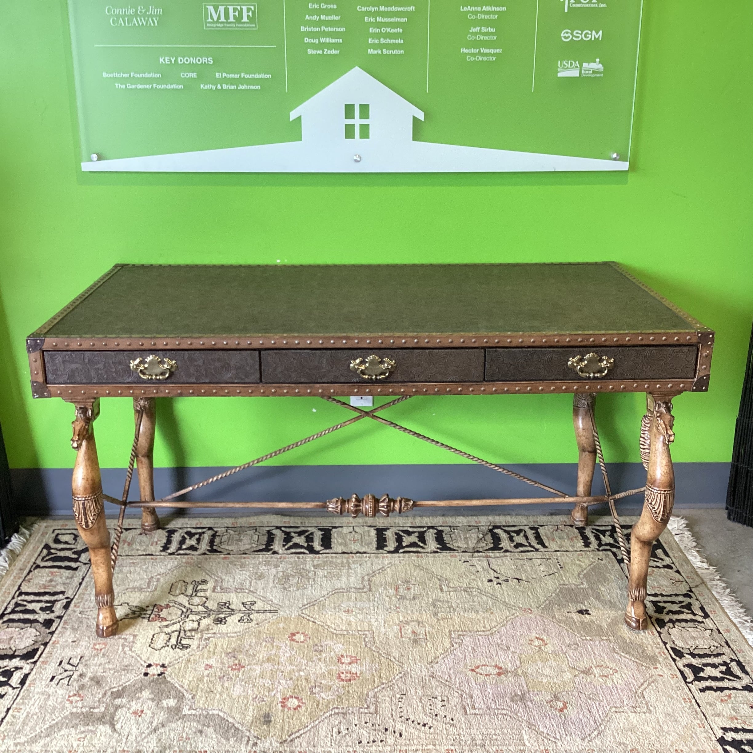 Maitland Smith Carved Horse Iron & Embossed Leather Nailhead 3 Drawer Desk 57.5"x 30.5"x 32"