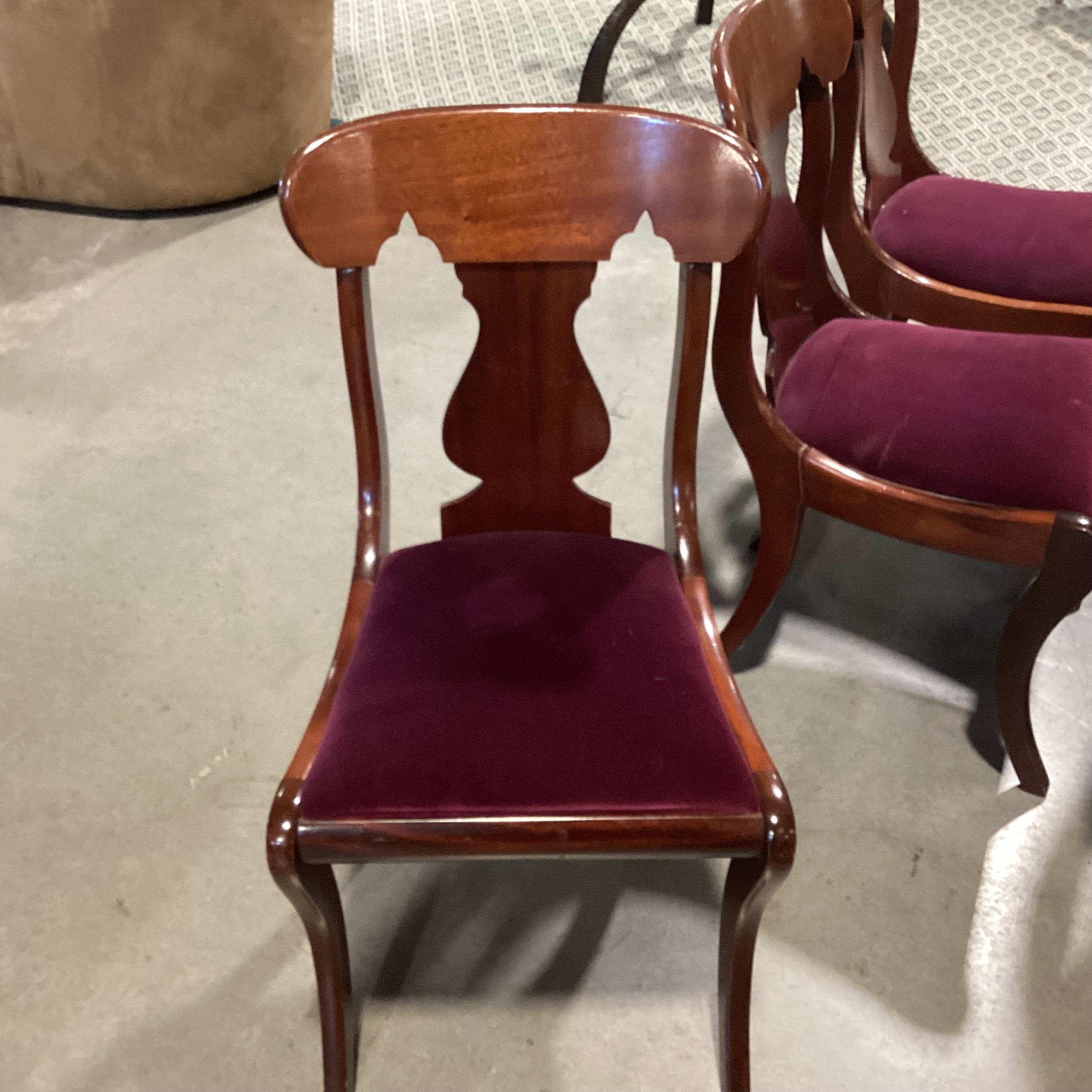 SET of 5 Vintage Scroll Arm & Eggplant Velvet Dining Chairs 21"x 21"x 36"