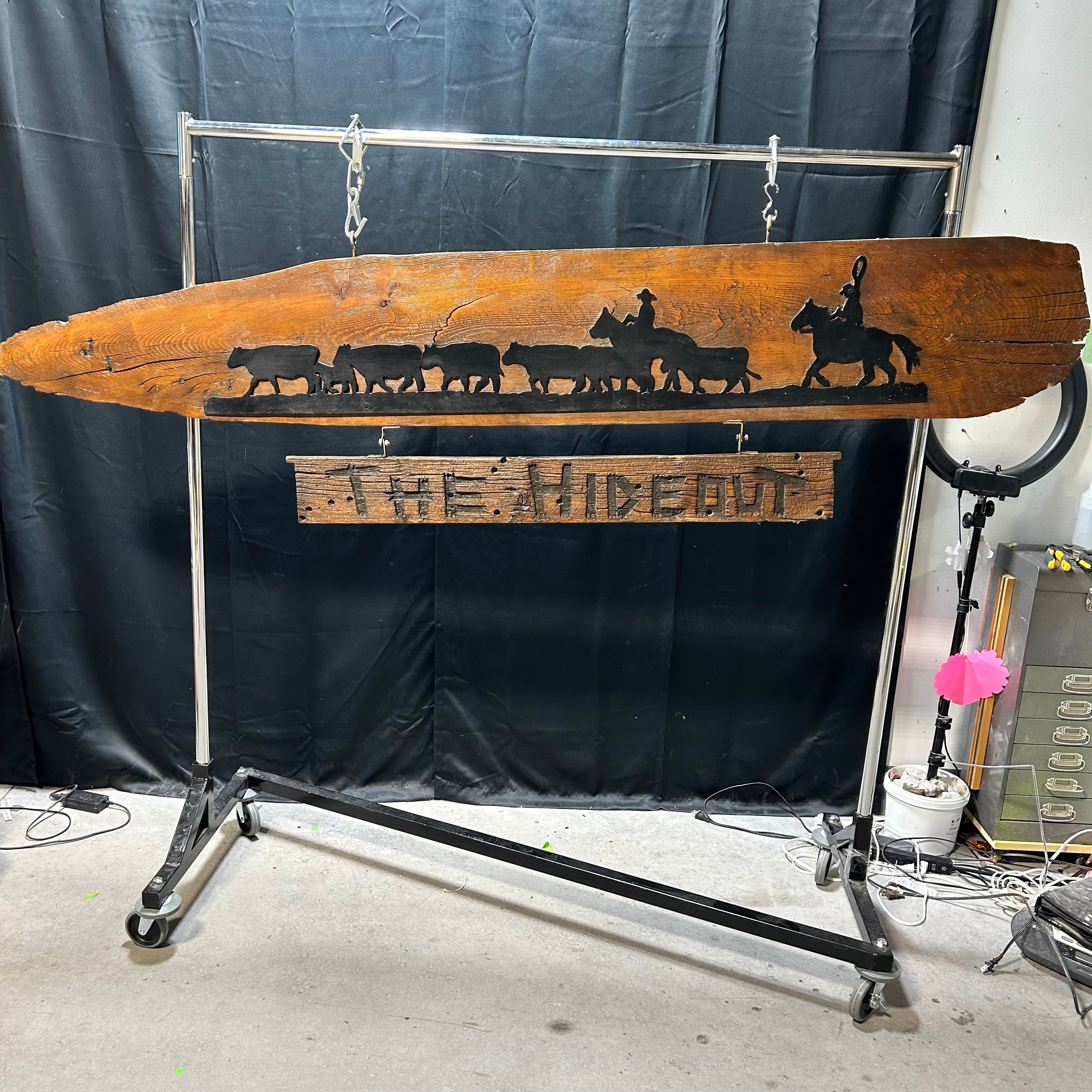 Large Western Decor Sign "THE HIDEOUT" With Iron Cattle Drive Silhouette 89"x 23"