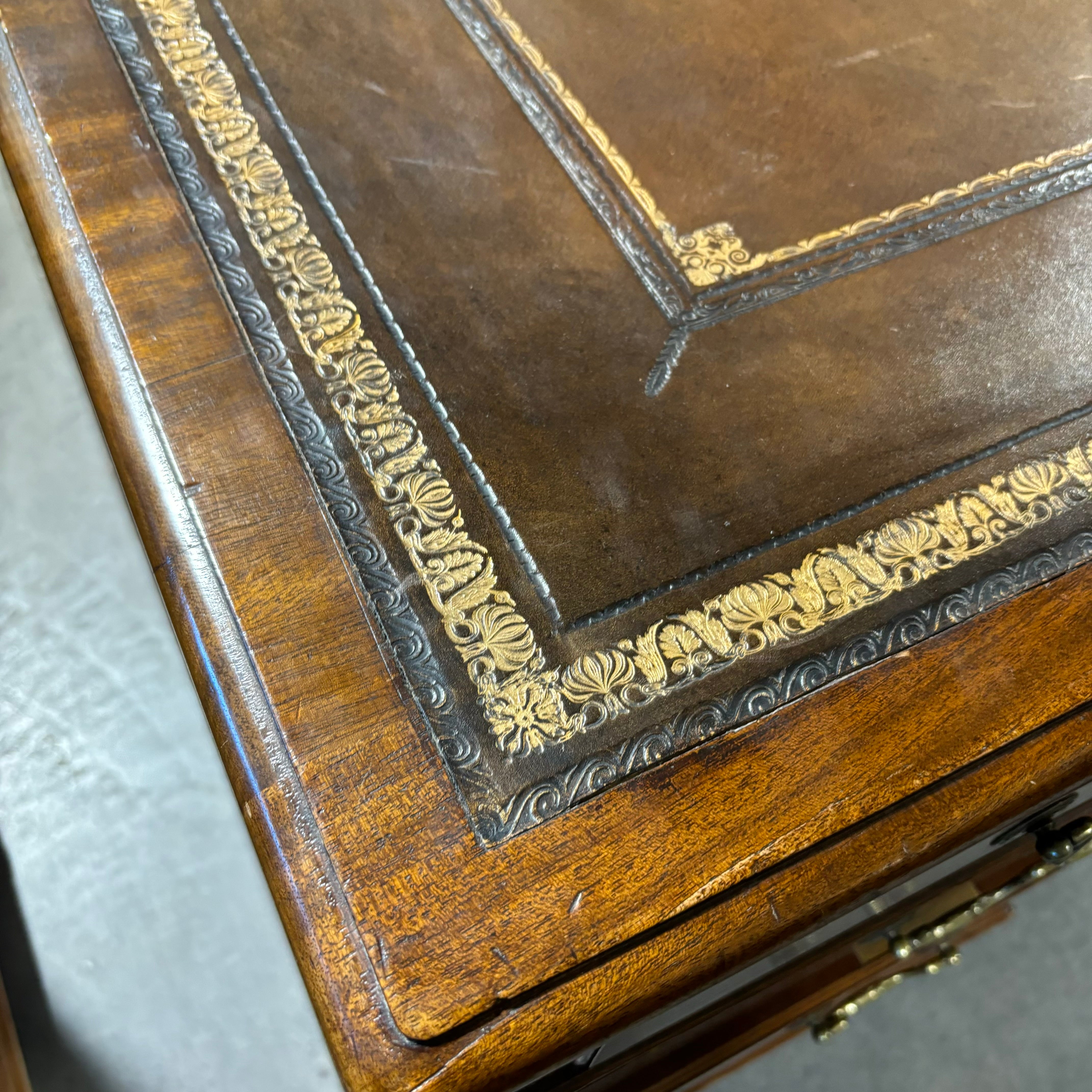Dark Finish Wood with Gilded Detail Leather Top 18 Drawer Partner Desk 73"x 47.5"x 30.5"