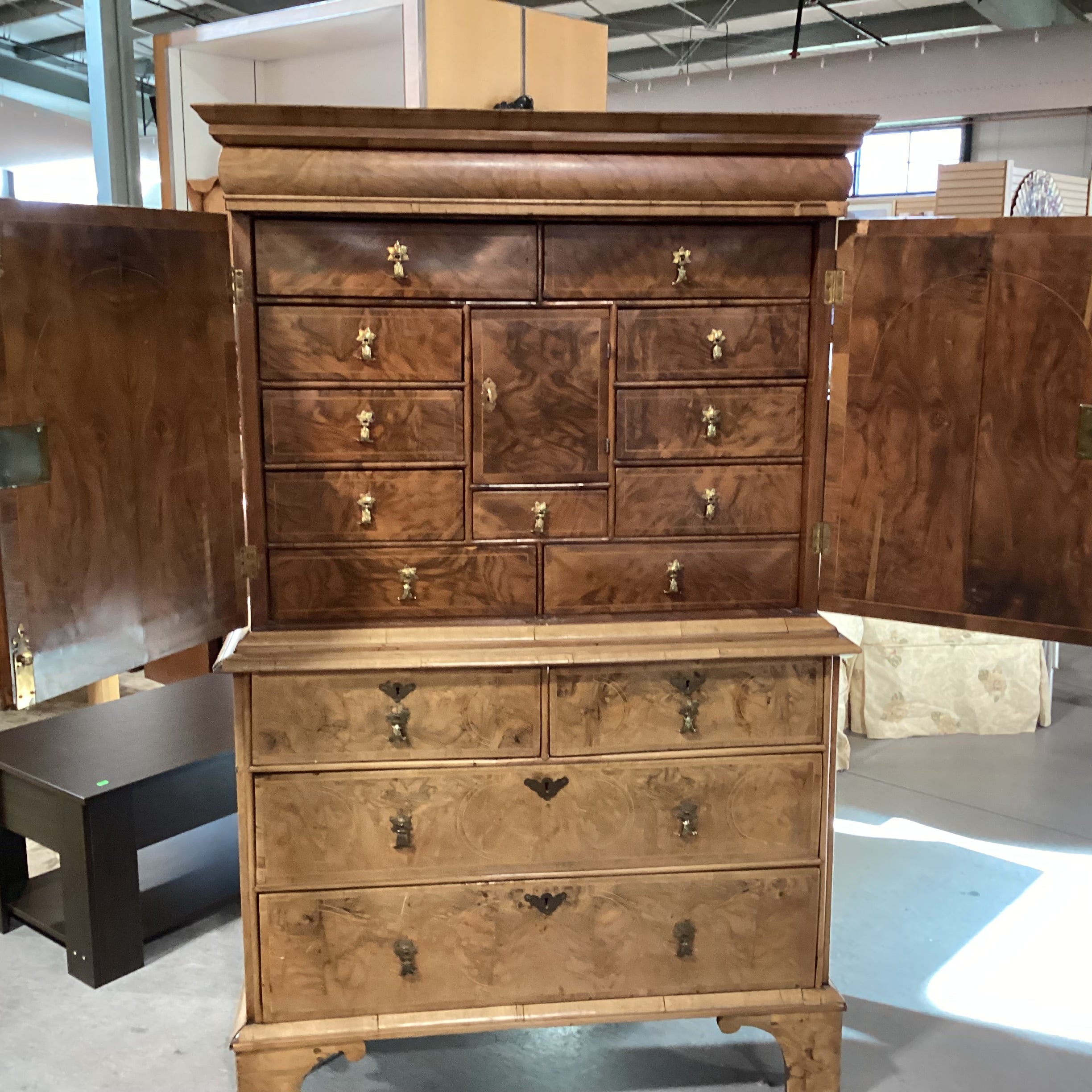 Antique English Burr Walnut Veneer Inlay & Brass Ornate Pulls 18 Drawer 2 Door 2 Piece Cabinet Chest 41"x 18"x 66"